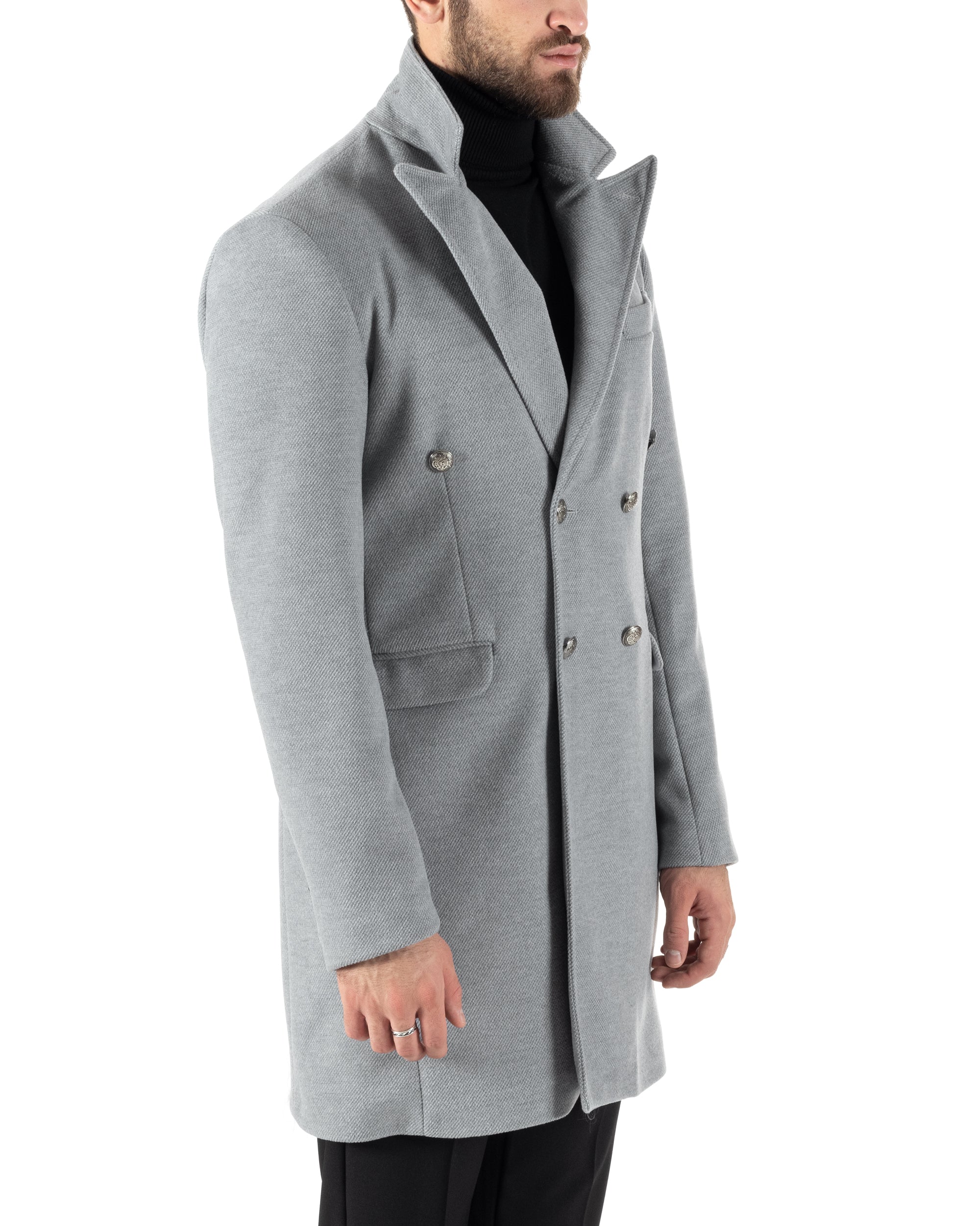 Cappotto Doppiopetto Uomo Con Colletto Giaccone Martingala Grigio Elegante Tessuto Diagonale GIOSAL-CO1027A