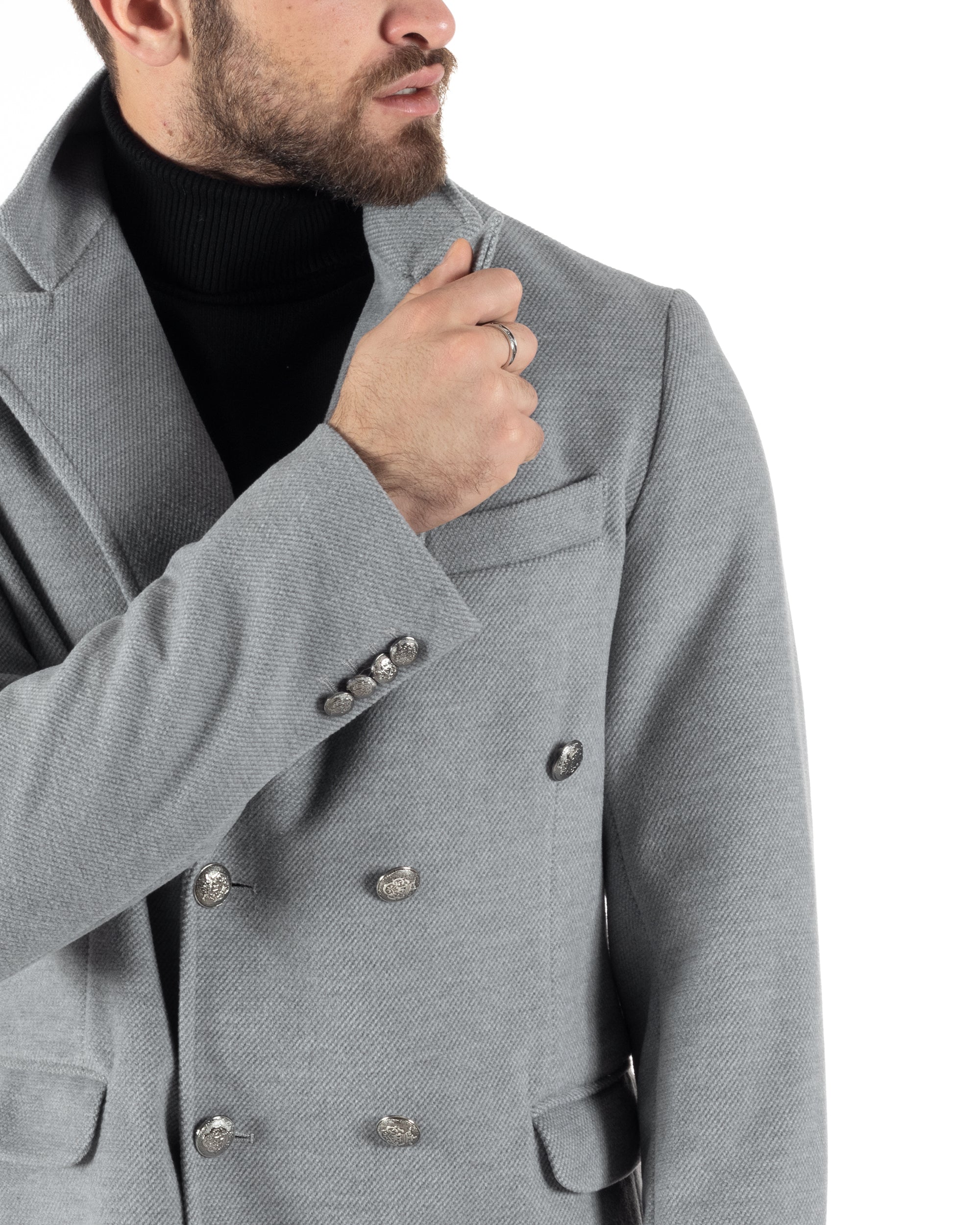 Cappotto Doppiopetto Uomo Con Colletto Giaccone Martingala Grigio Elegante Tessuto Diagonale GIOSAL-CO1027A