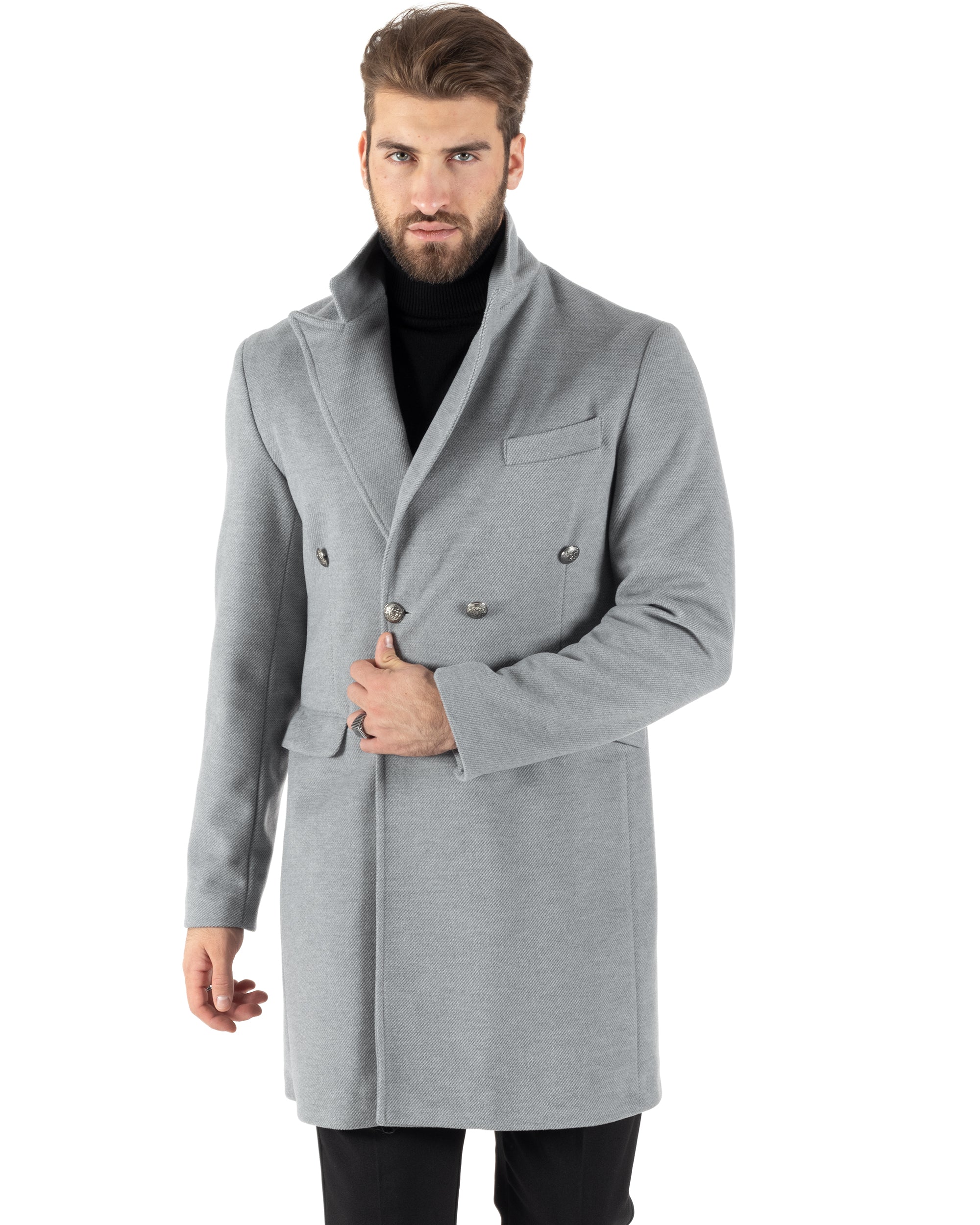 Cappotto Doppiopetto Uomo Con Colletto Giaccone Martingala Grigio Elegante Tessuto Diagonale GIOSAL-CO1027A