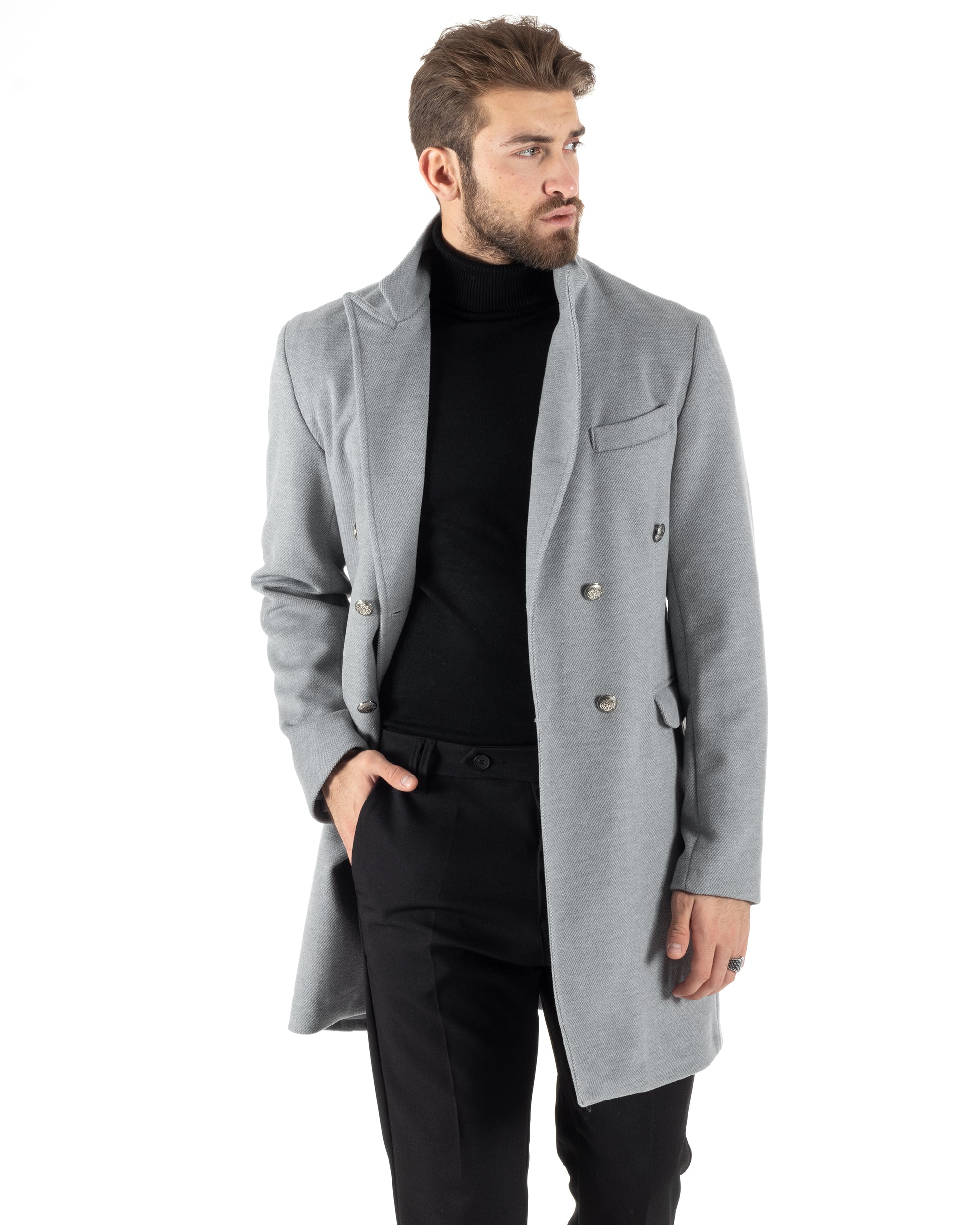 Cappotto Doppiopetto Uomo Con Colletto Giaccone Martingala Grigio Elegante Tessuto Diagonale GIOSAL-CO1027A