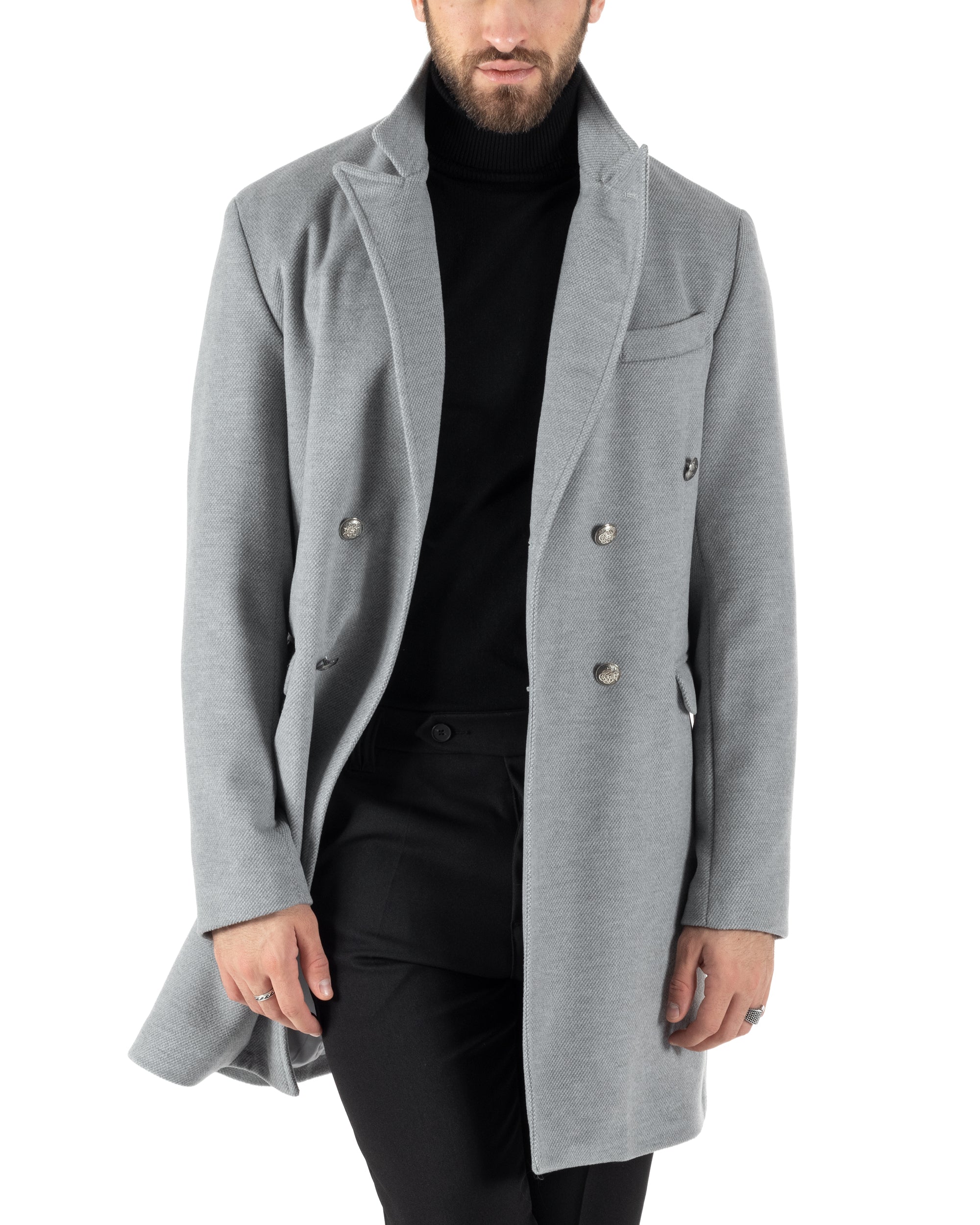 Cappotto Doppiopetto Uomo Con Colletto Giaccone Martingala Grigio Elegante Tessuto Diagonale GIOSAL-CO1027A