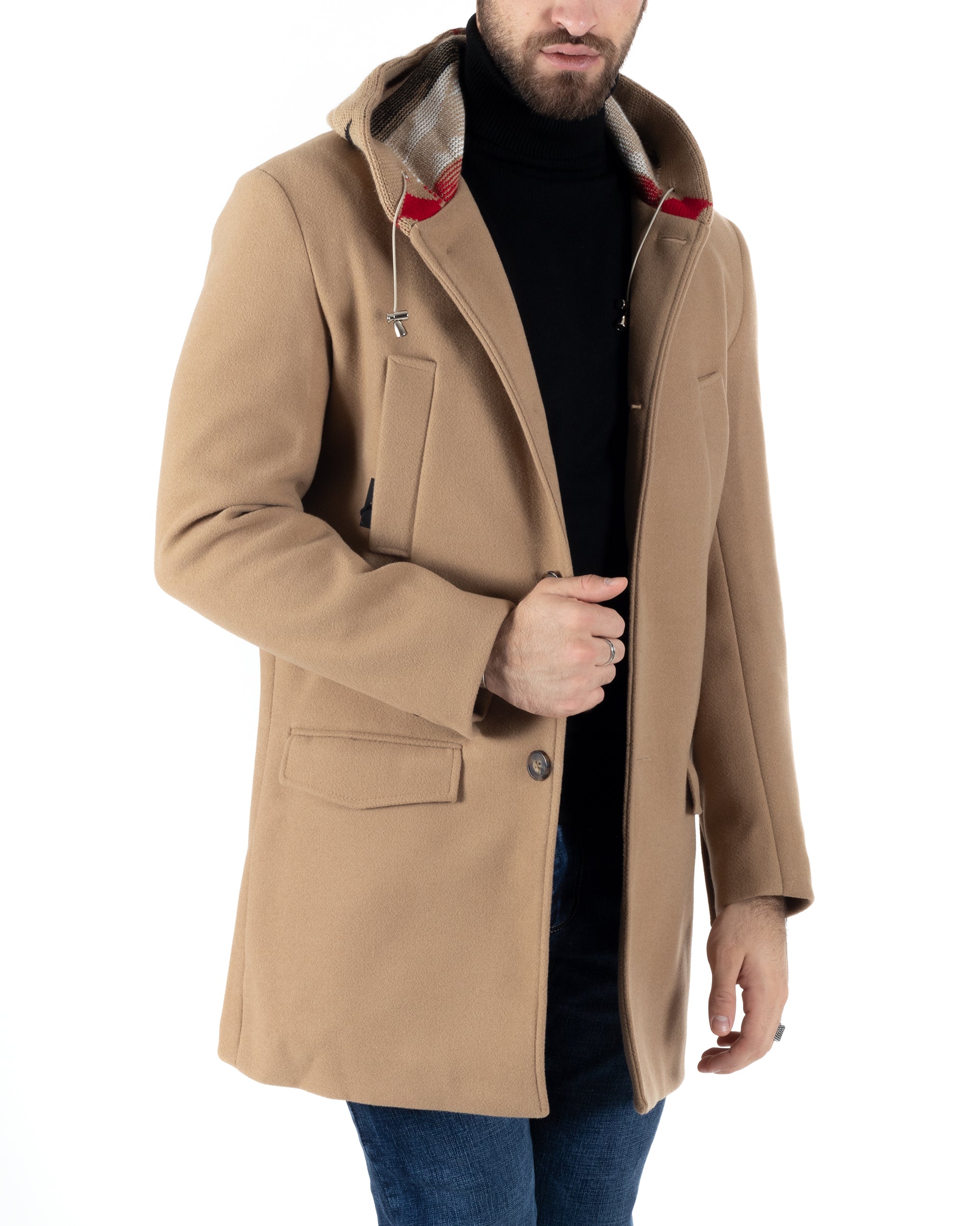 Cappotto Monopetto Uomo Giacca Giaccone Con Cappuccio In Lana Camel Baronetto Elegante GIOSAL-CO1030A