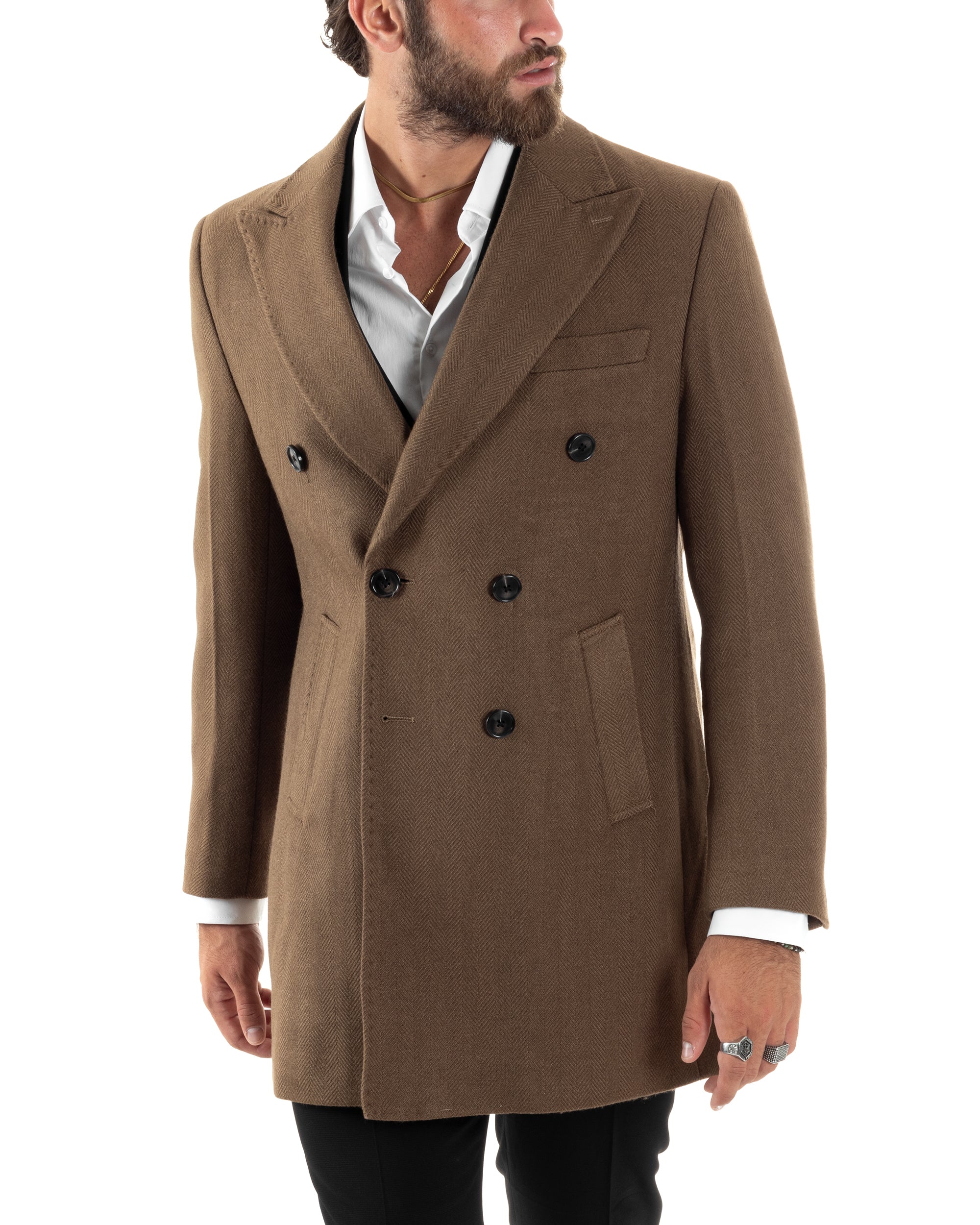 Cappotto Doppiopetto Uomo Spigato Sartoriale Regular Fit Giacca Elegan