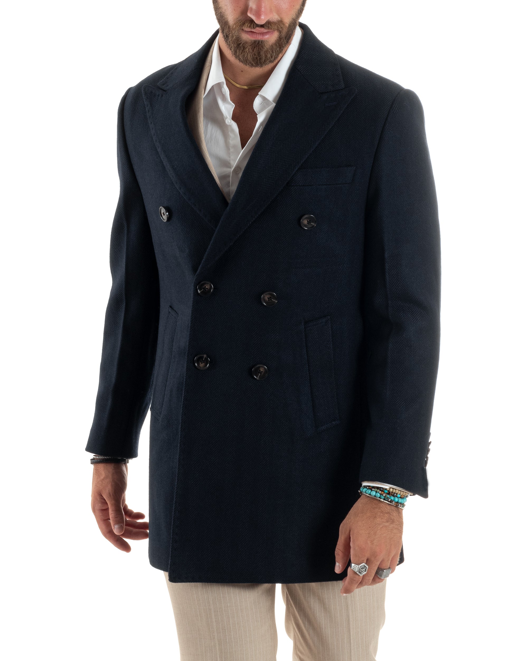 Cappotto Doppiopetto Uomo Spigato Sartoriale Regular Fit Giacca Elegan