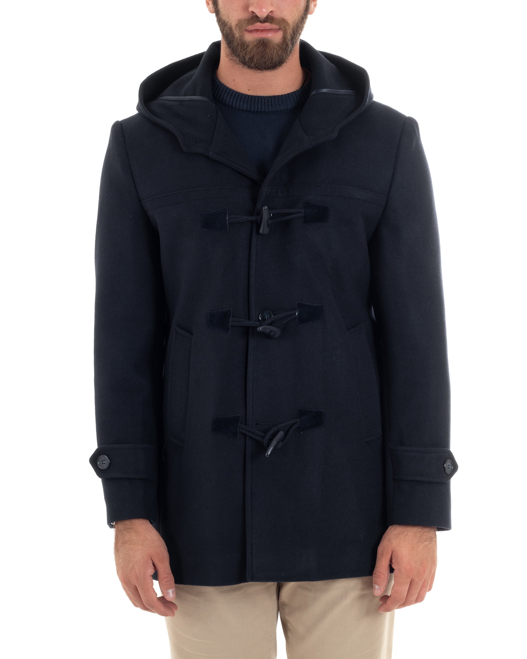 Cappotto Uomo Lana Montgomery Con Alamari E Cappuccio Blu CO1040A