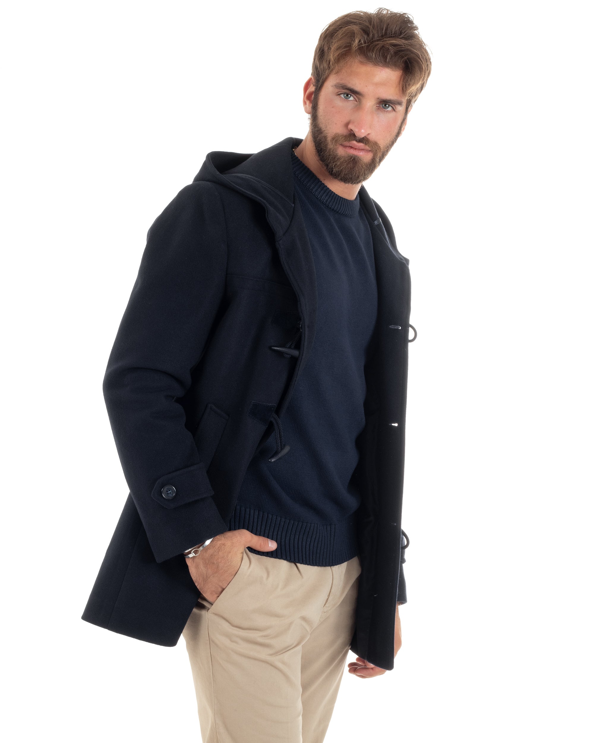 Cappotto Uomo Lana Montgomery Con Alamari E Cappuccio Blu CO1040A