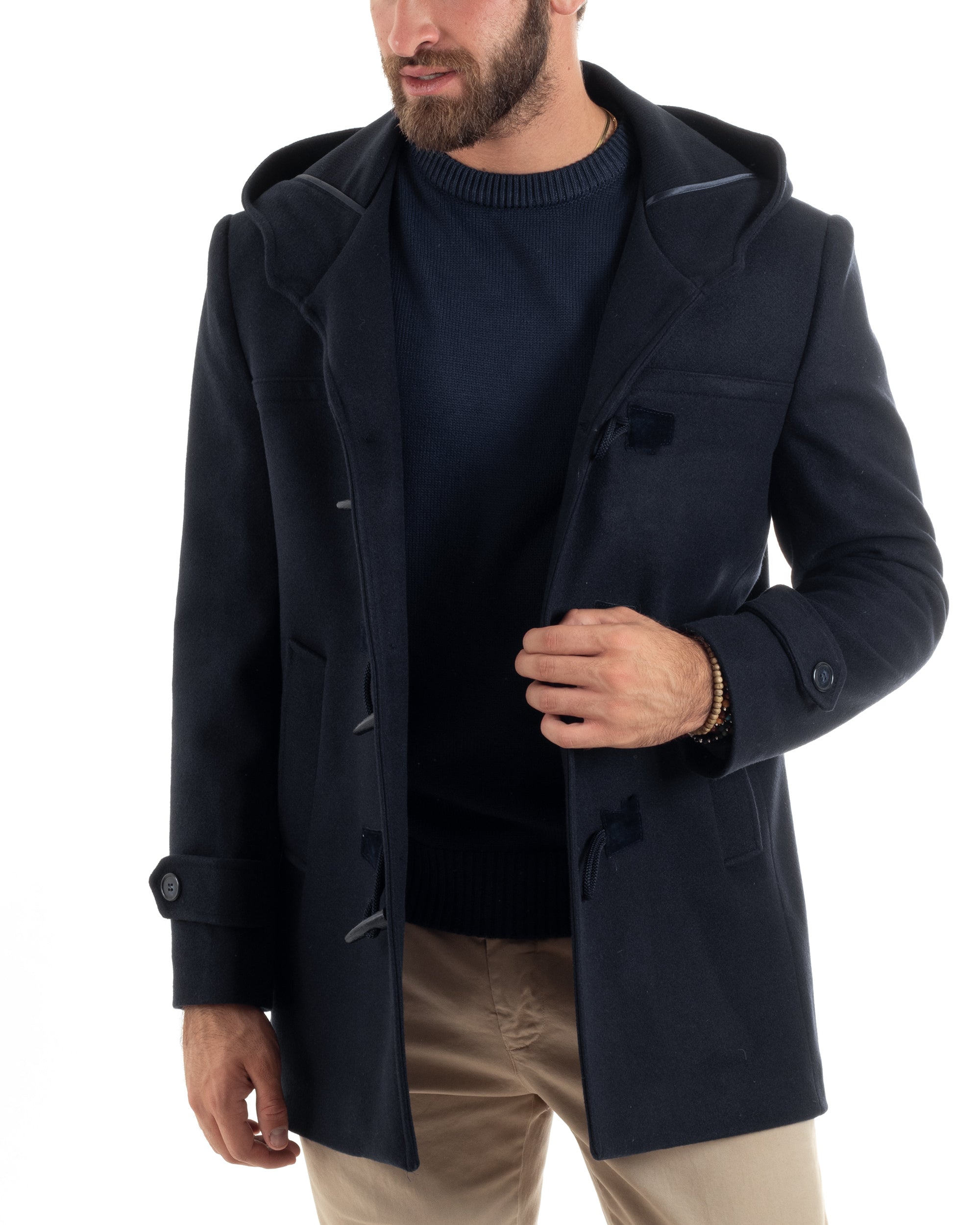 Cappotto Uomo Lana Montgomery Con Alamari E Cappuccio Blu CO1040A