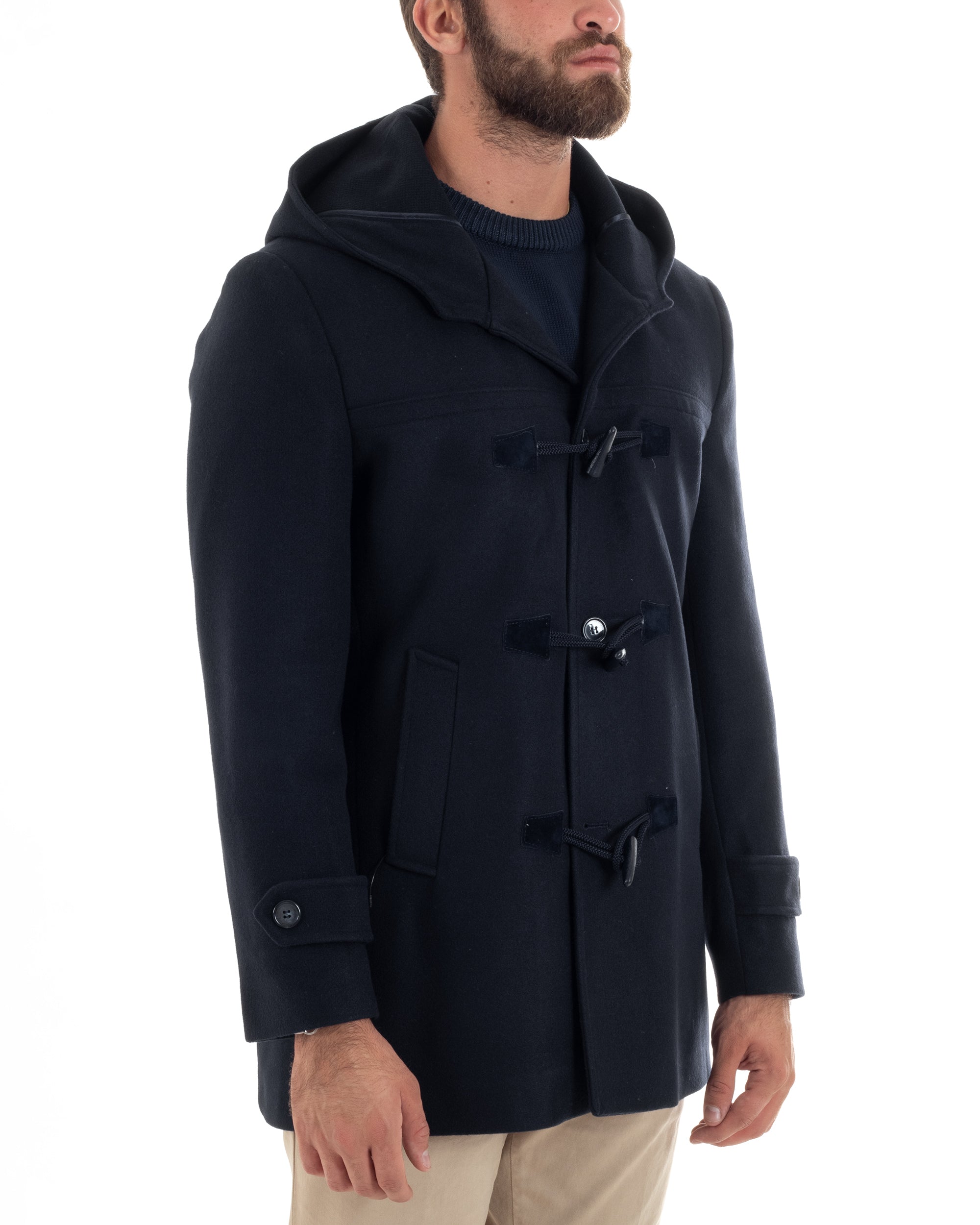 Cappotto Uomo Lana Montgomery Con Alamari E Cappuccio Blu CO1040A
