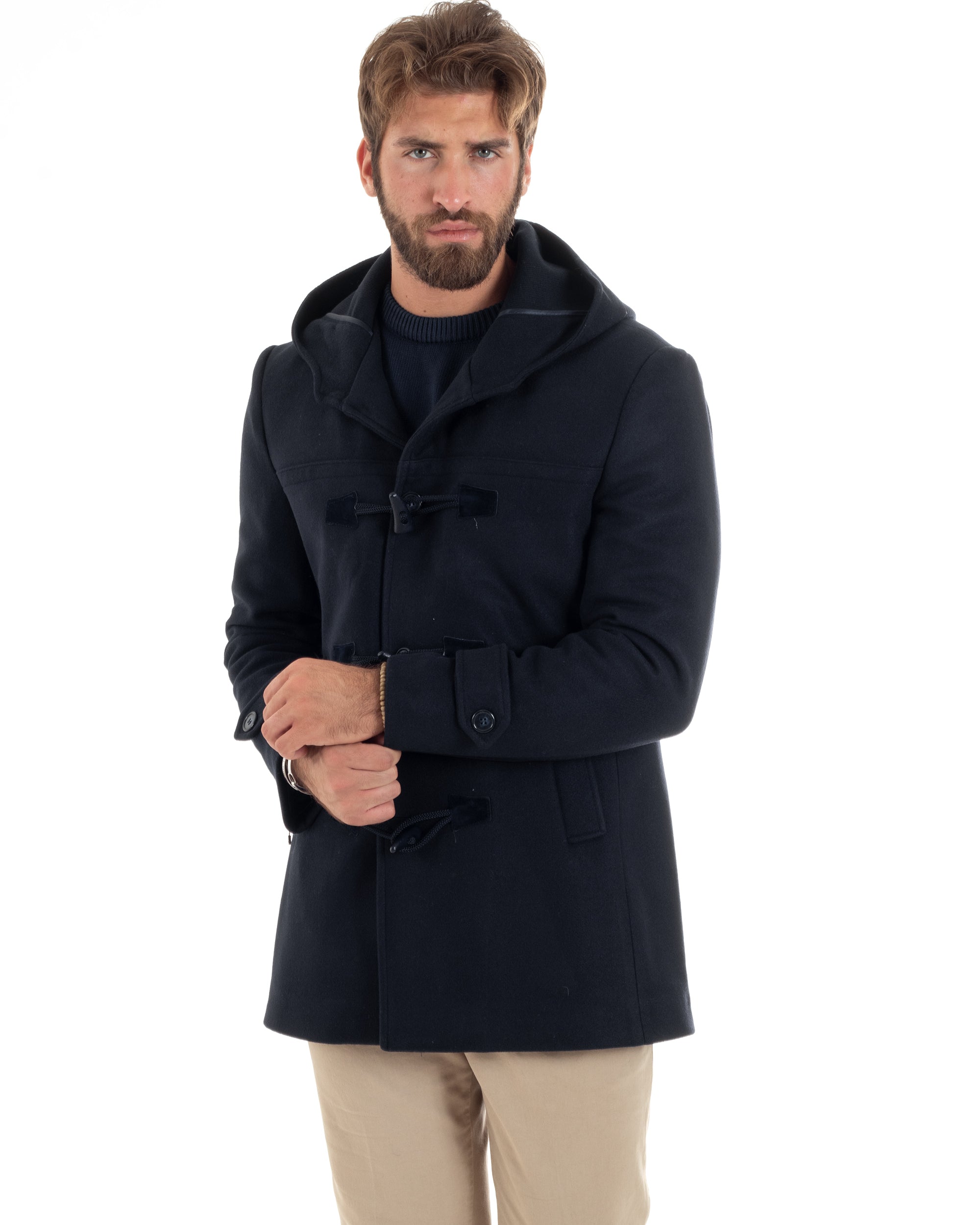 Cappotto Uomo Lana Montgomery Con Alamari E Cappuccio Blu CO1040A