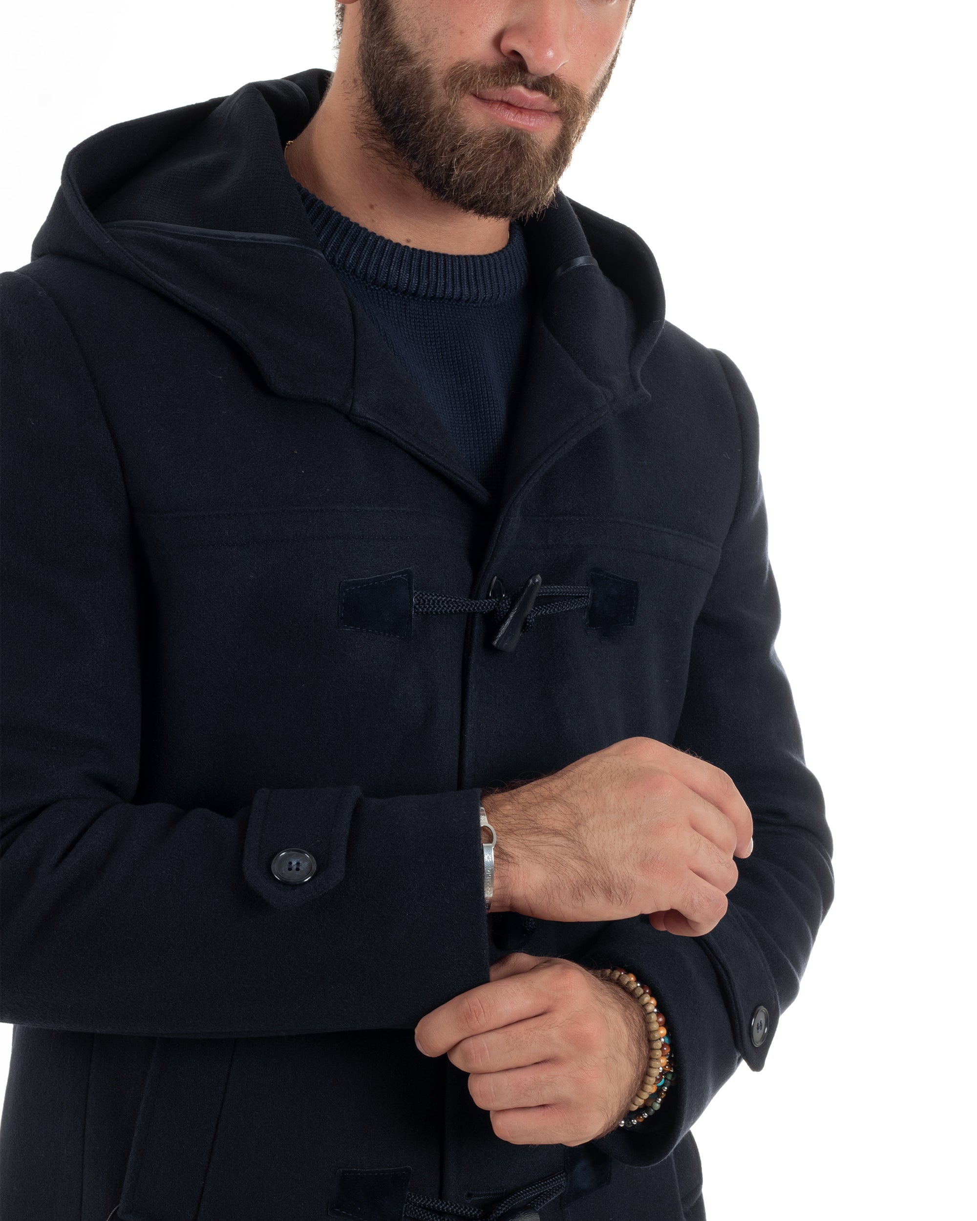 Cappotto Uomo Lana Montgomery Con Alamari E Cappuccio Blu CO1040A