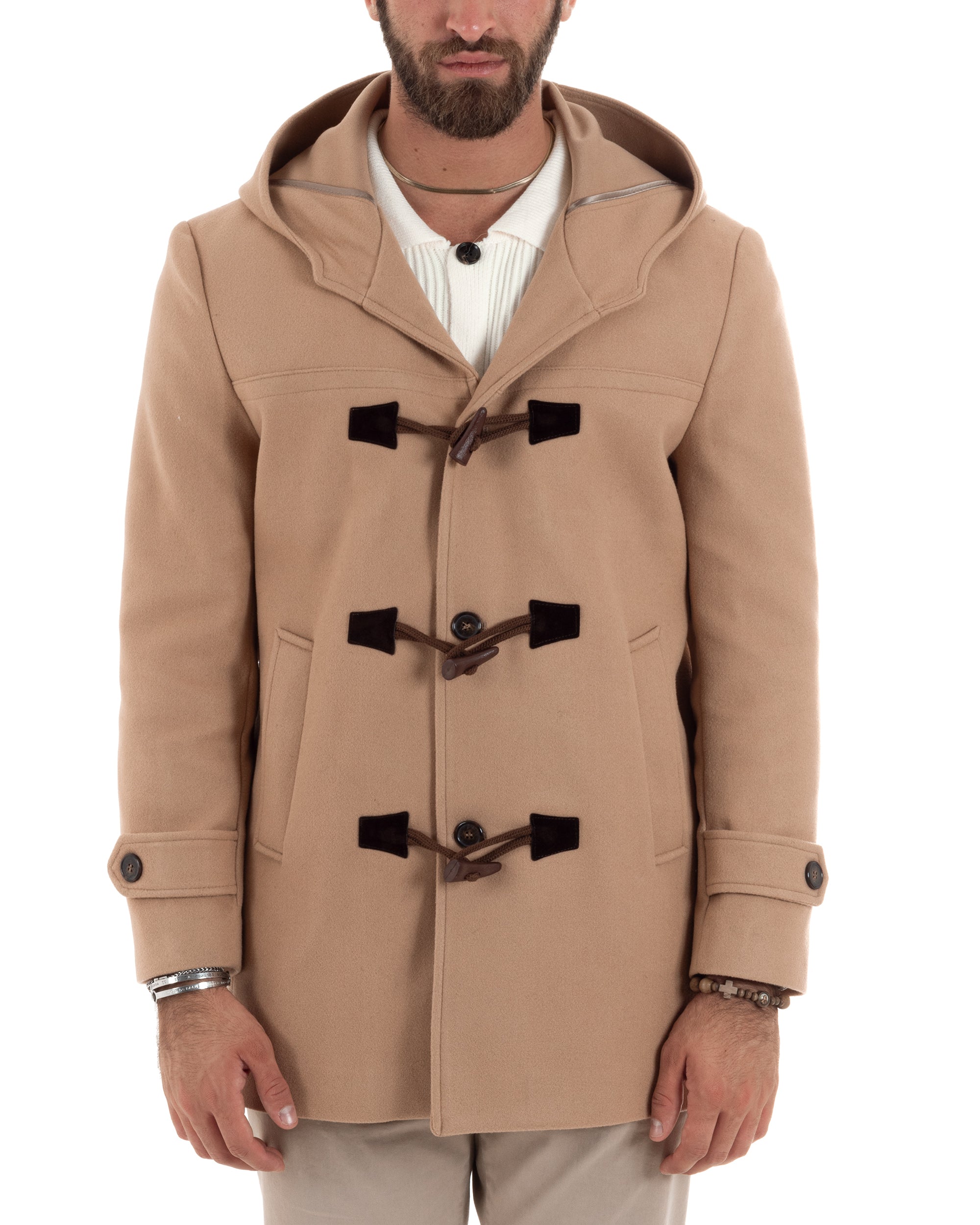 Cappotto Uomo Lana Montgomery Con Alamari E Cappuccio Camel CO1041A