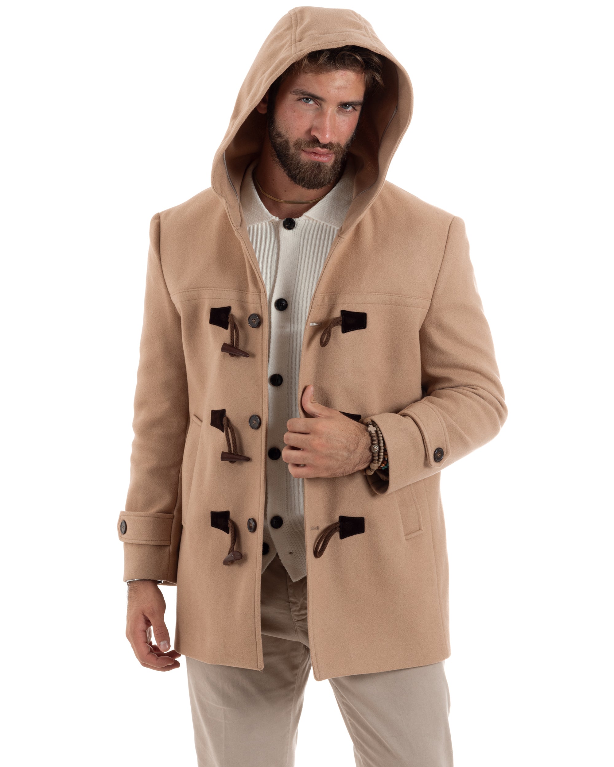 Cappotto Uomo Lana Montgomery Con Alamari E Cappuccio Camel CO1041A