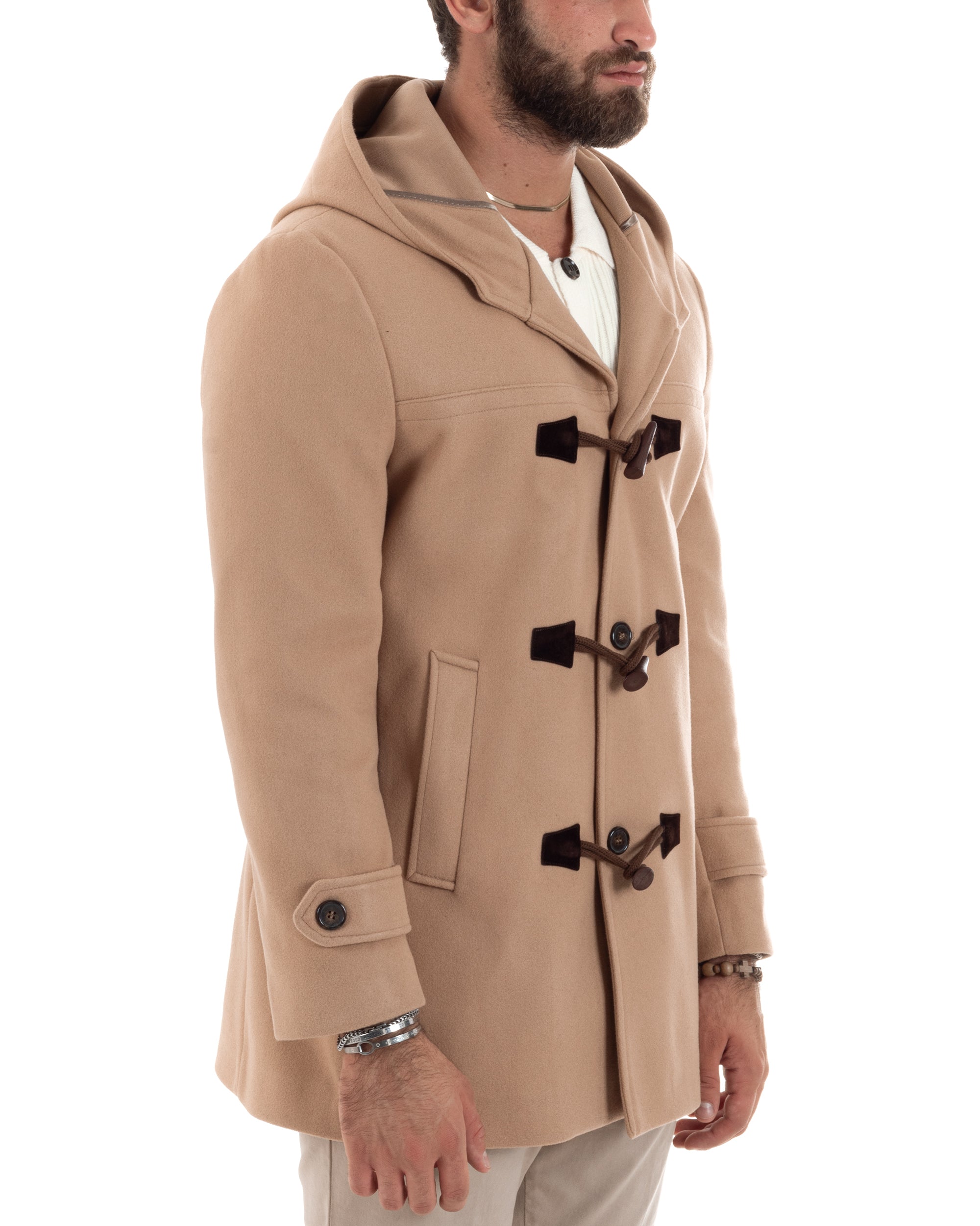 Cappotto Uomo Lana Montgomery Con Alamari E Cappuccio Camel CO1041A