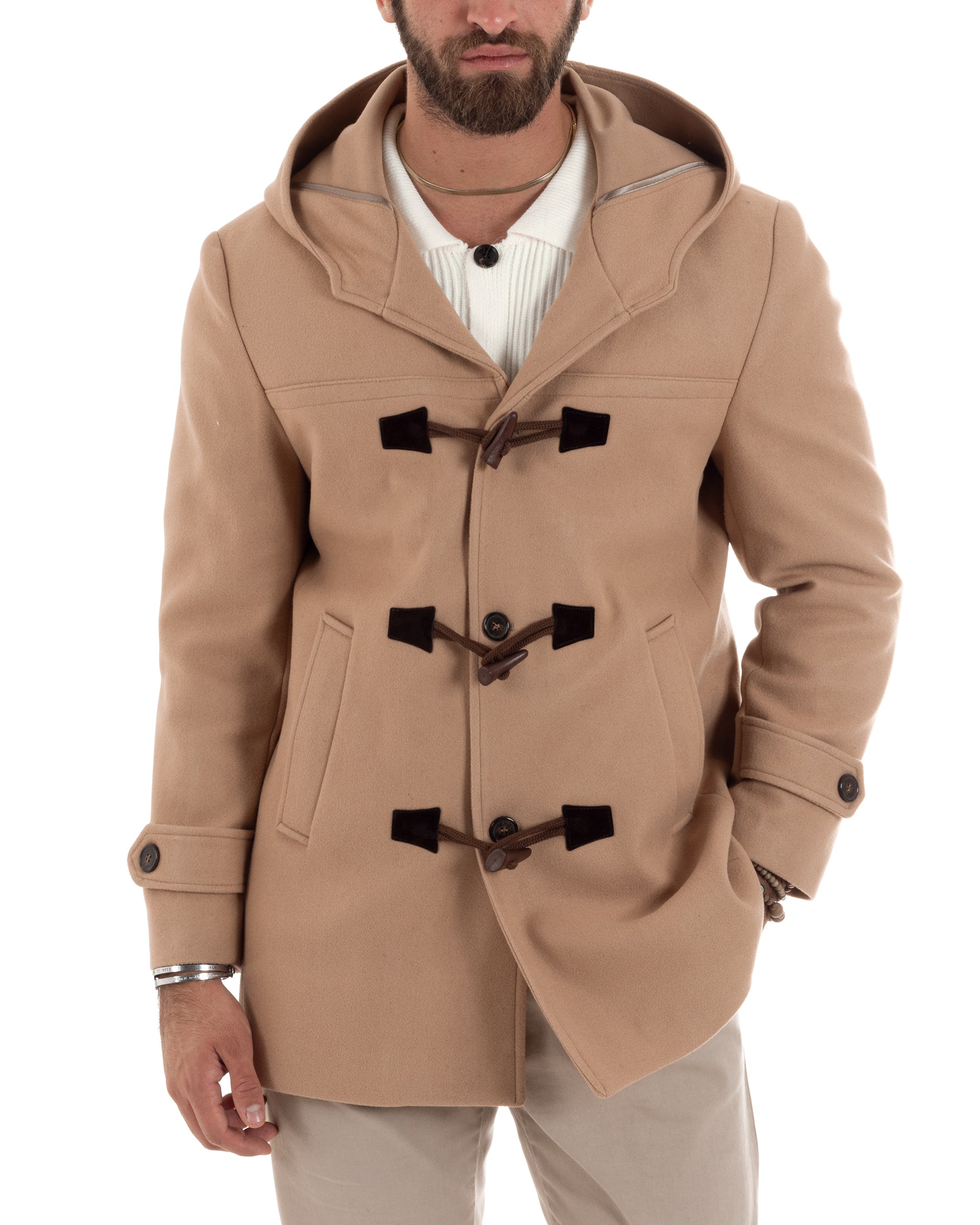 Cappotto Uomo Lana Montgomery Con Alamari E Cappuccio Camel CO1041A