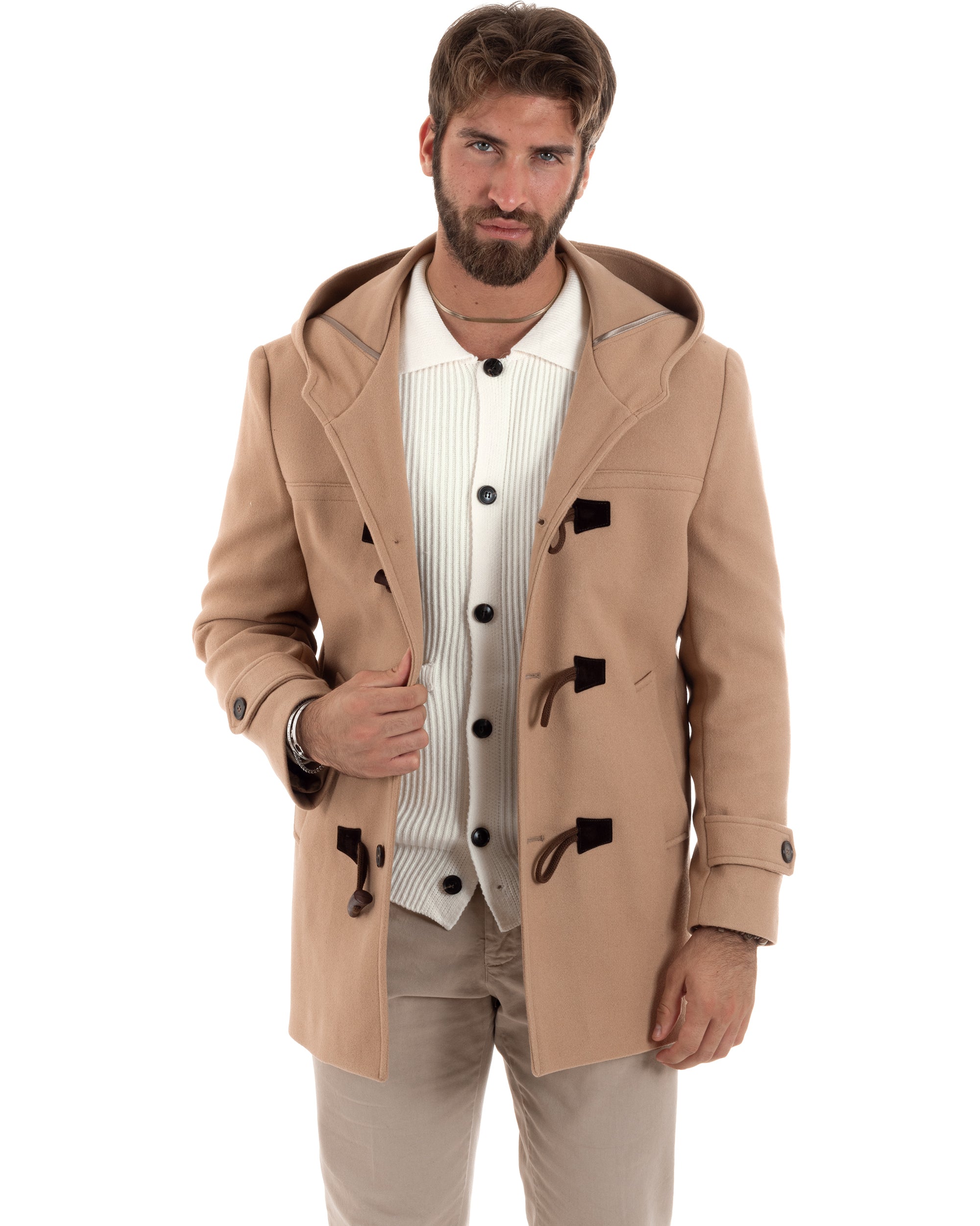 Cappotto Uomo Lana Montgomery Con Alamari E Cappuccio Camel CO1041A