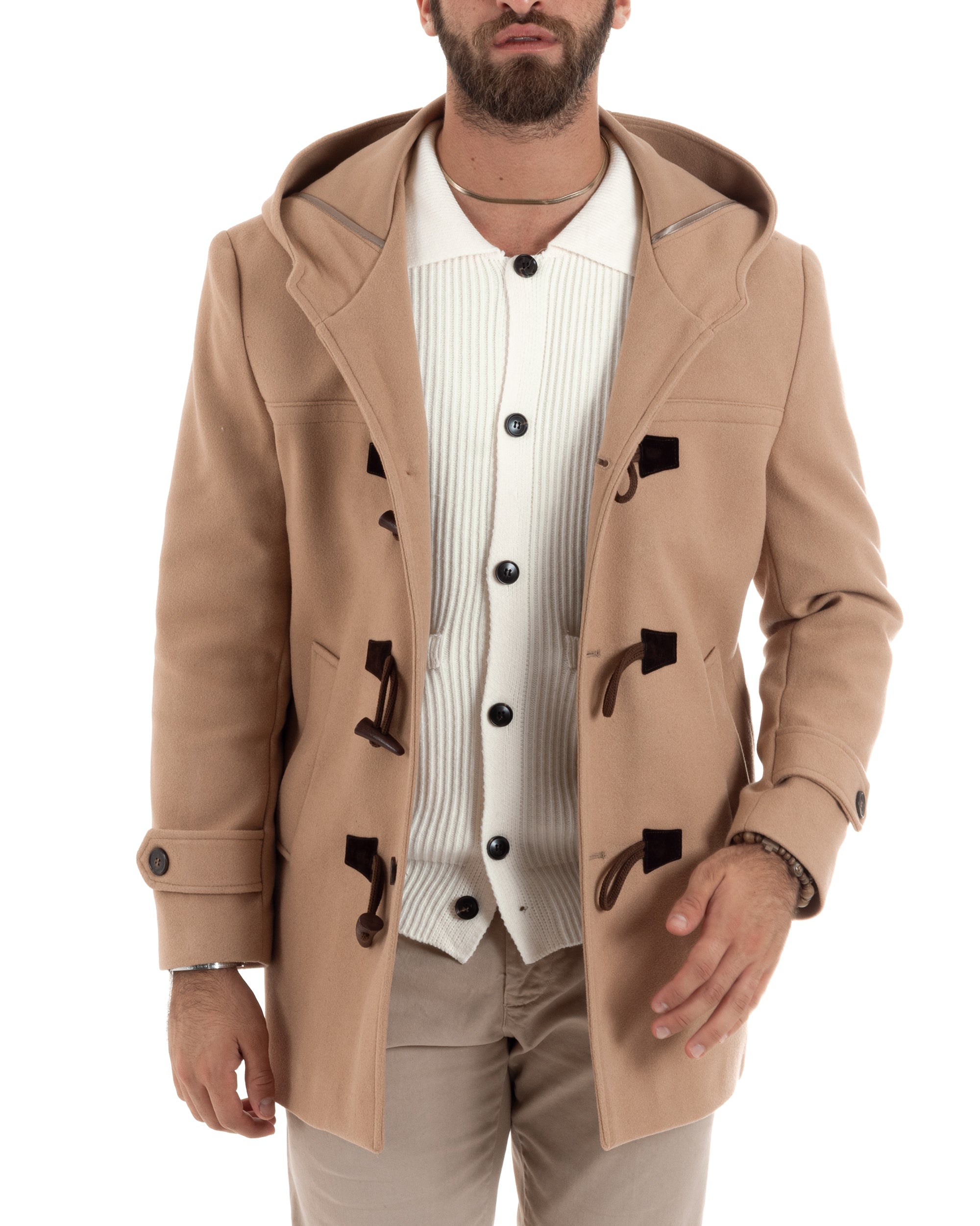 Cappotto Uomo Lana Montgomery Con Alamari E Cappuccio Camel CO1041A