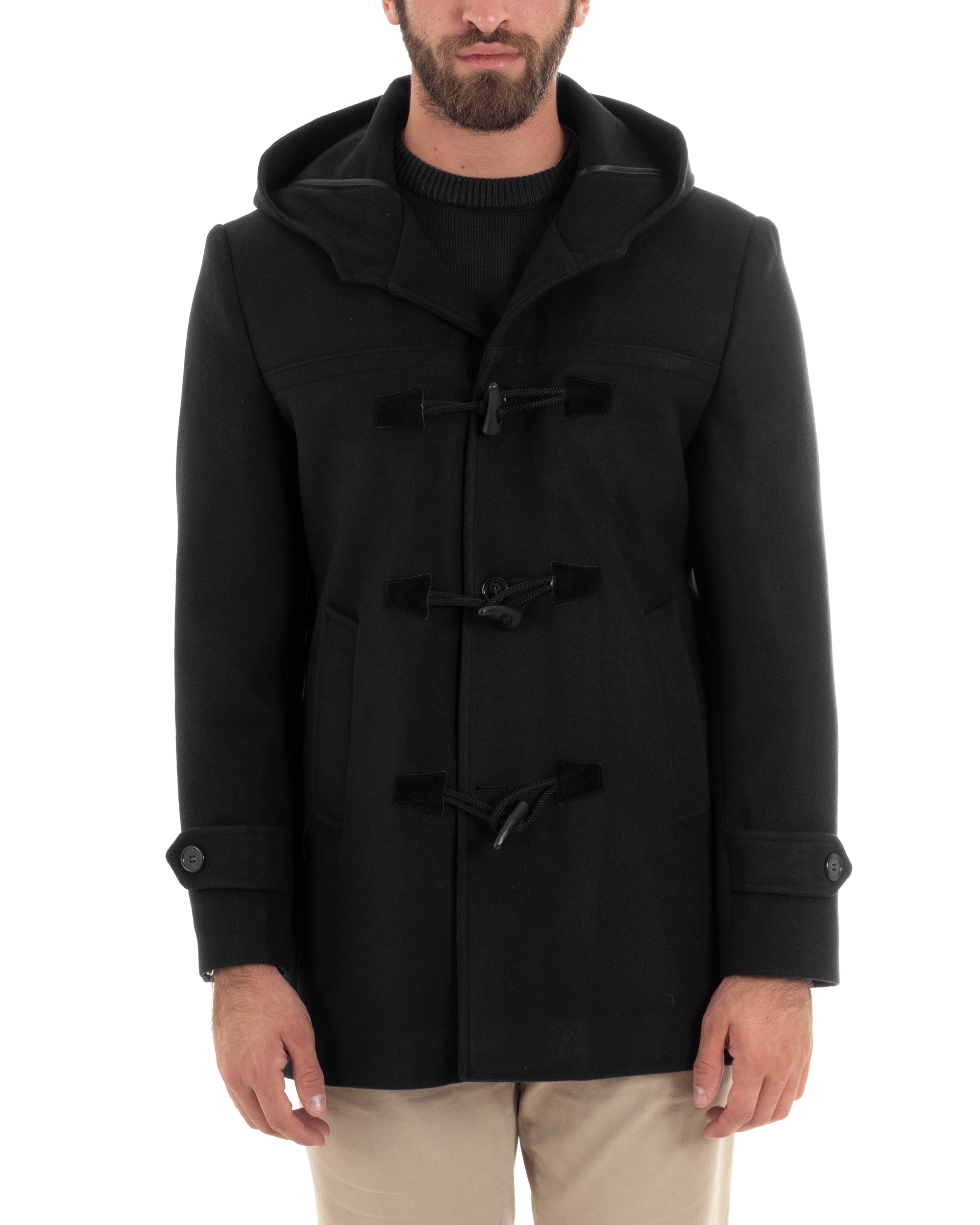 Cappotto Uomo Lana Montgomery Con Alamari E Cappuccio Nero CO1042A