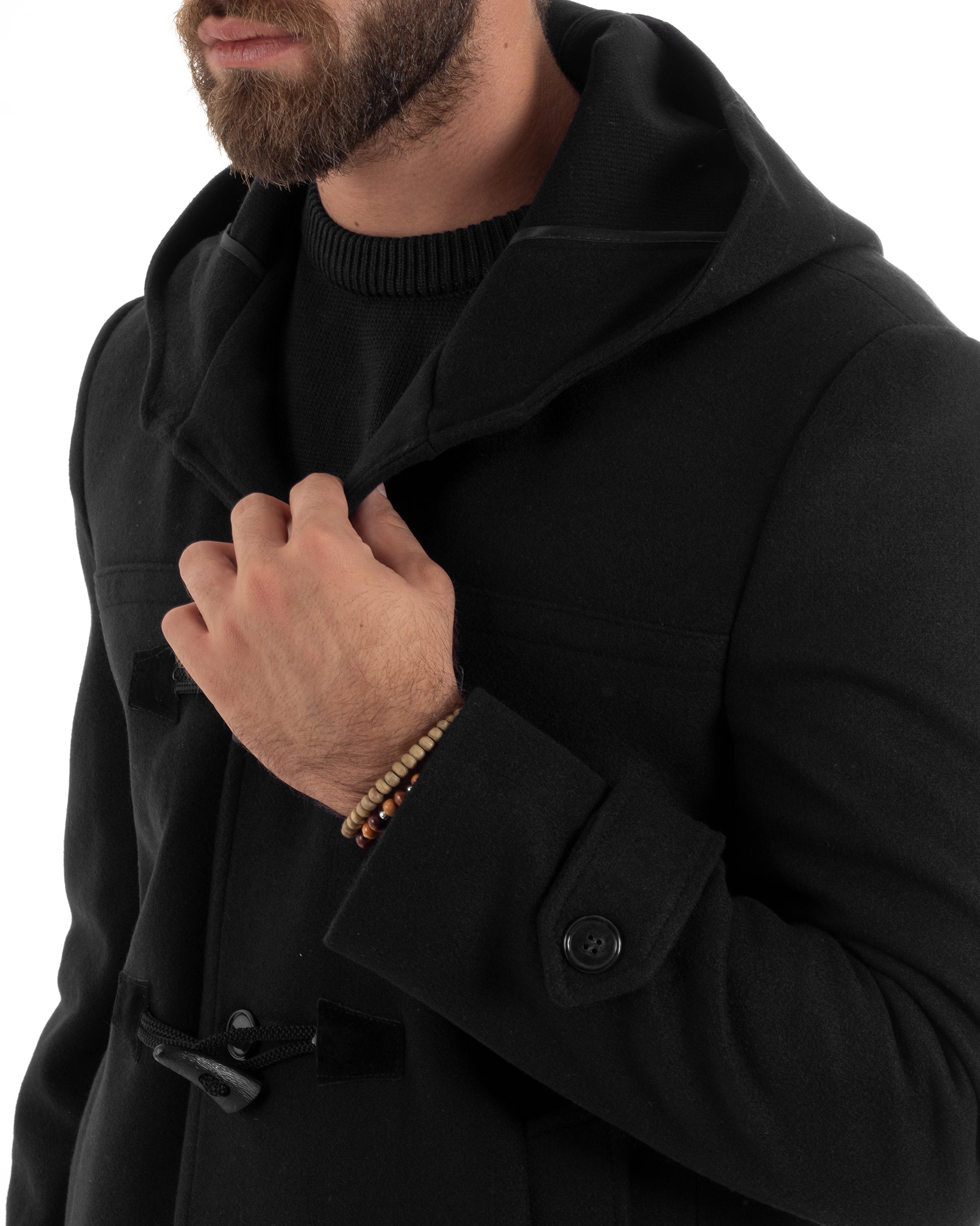 Cappotto Uomo Lana Montgomery Con Alamari E Cappuccio Nero CO1042A
