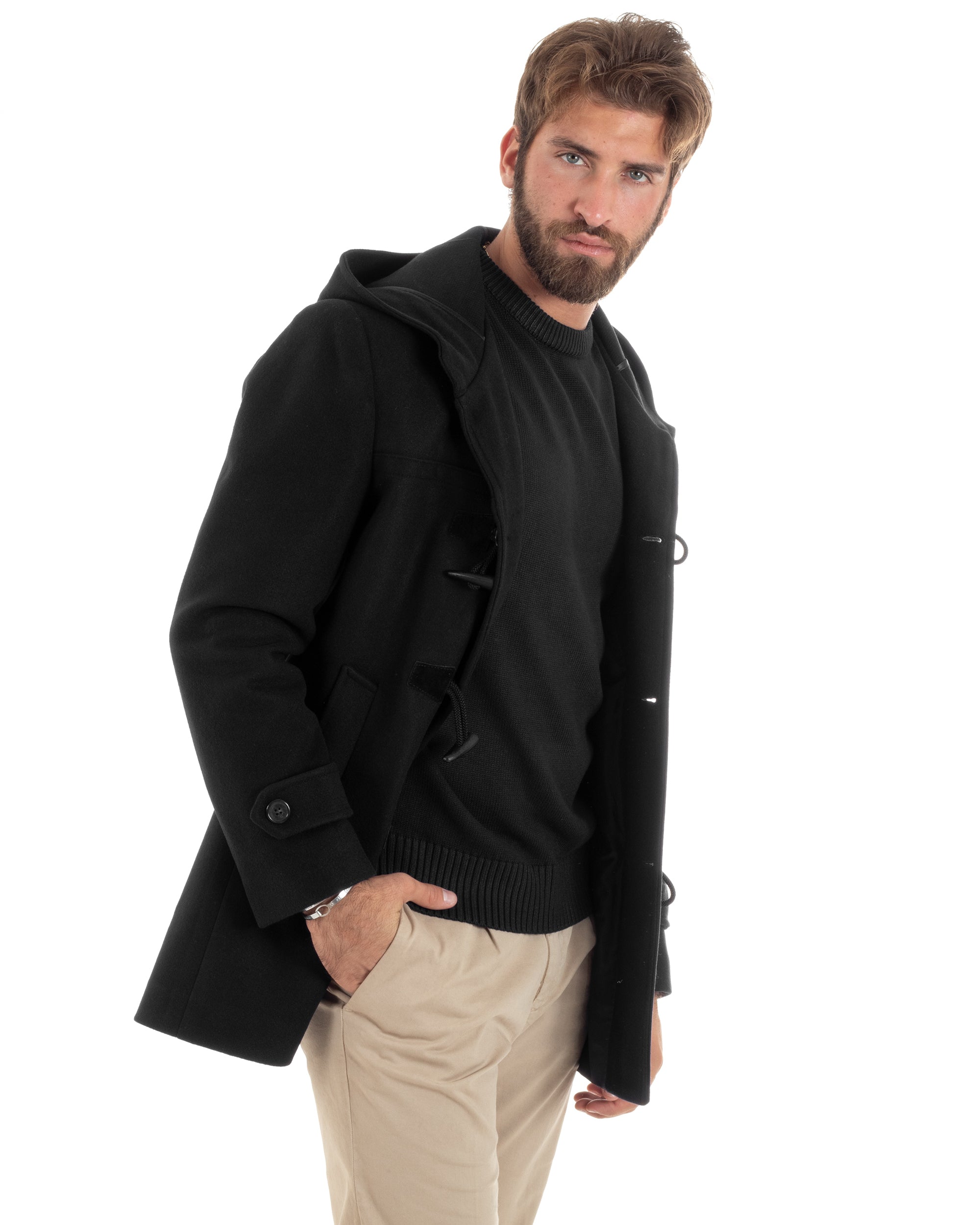 Cappotto Uomo Lana Montgomery Con Alamari E Cappuccio Nero CO1042A