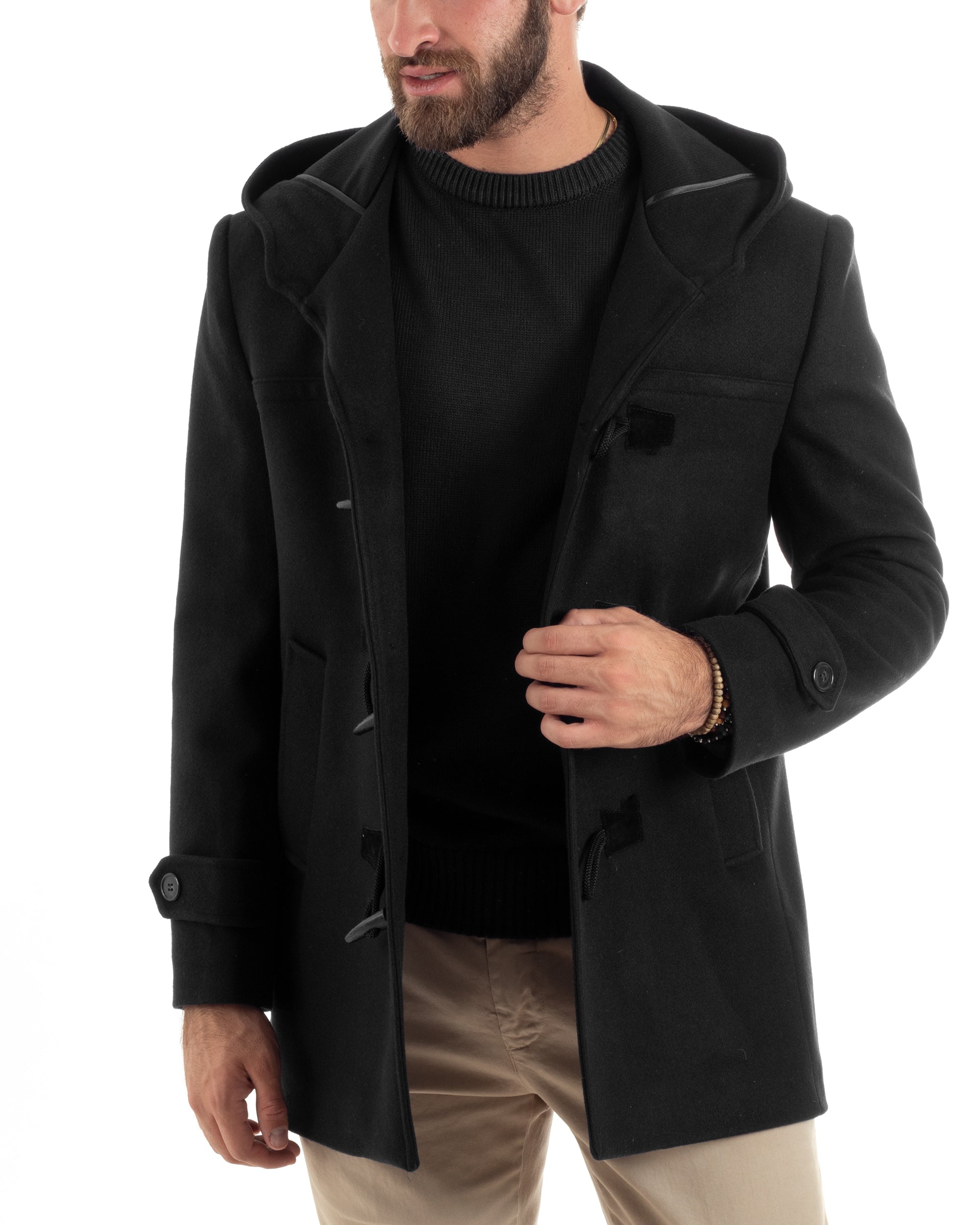 Cappotto Uomo Lana Montgomery Con Alamari E Cappuccio Nero CO1042A