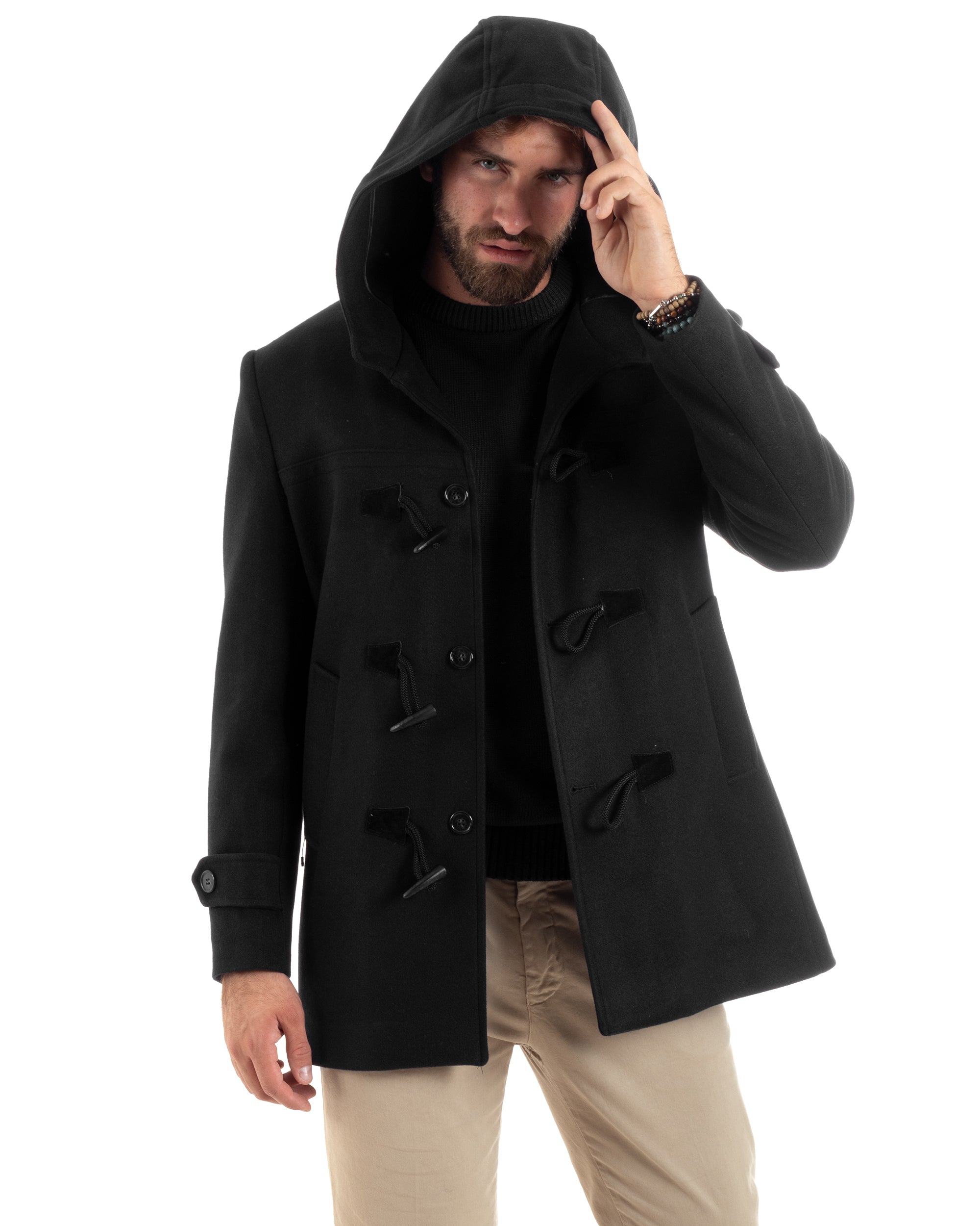 Cappotto Uomo Lana Montgomery Con Alamari E Cappuccio Nero CO1042A