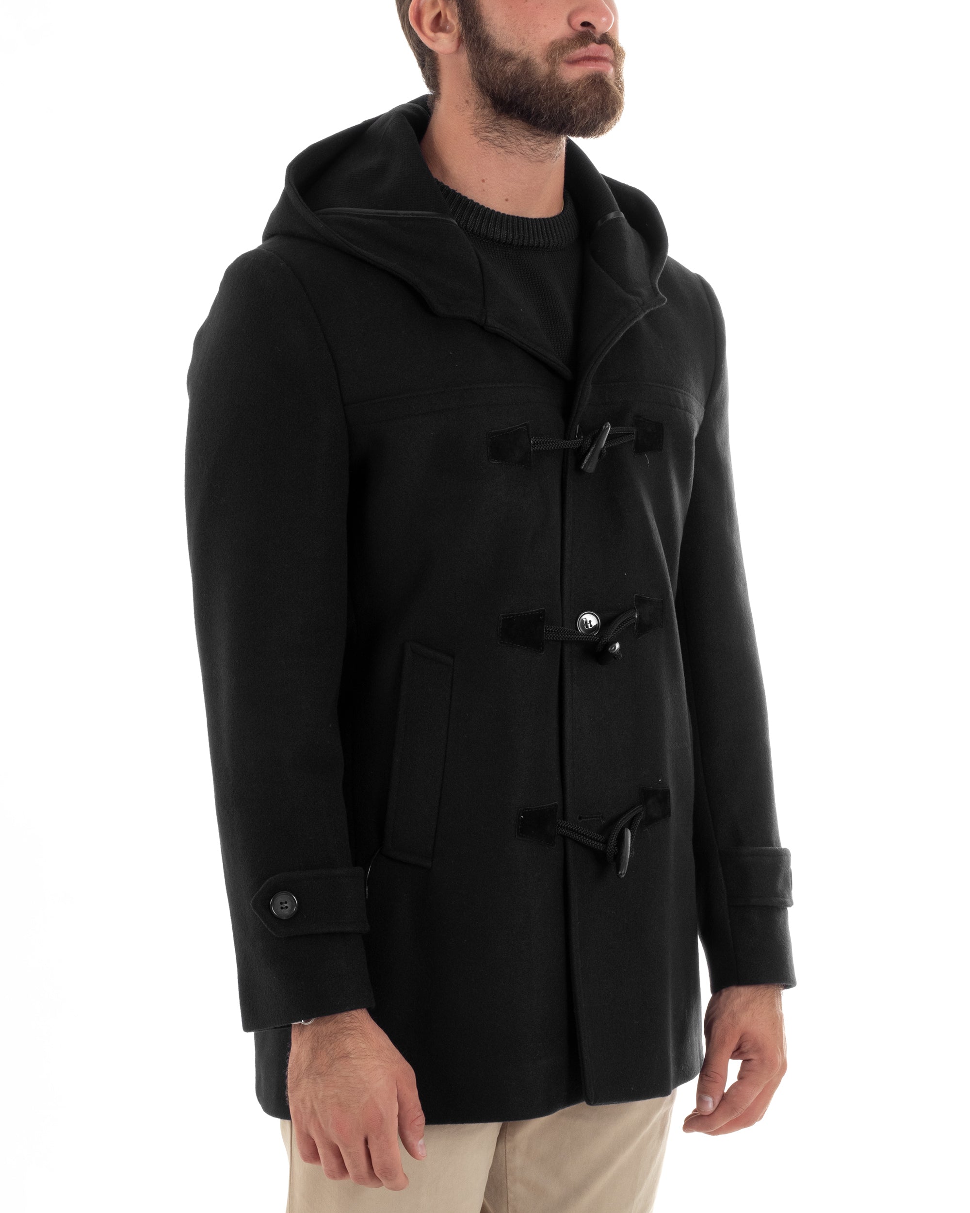 Cappotto Uomo Lana Montgomery Con Alamari E Cappuccio Nero CO1042A