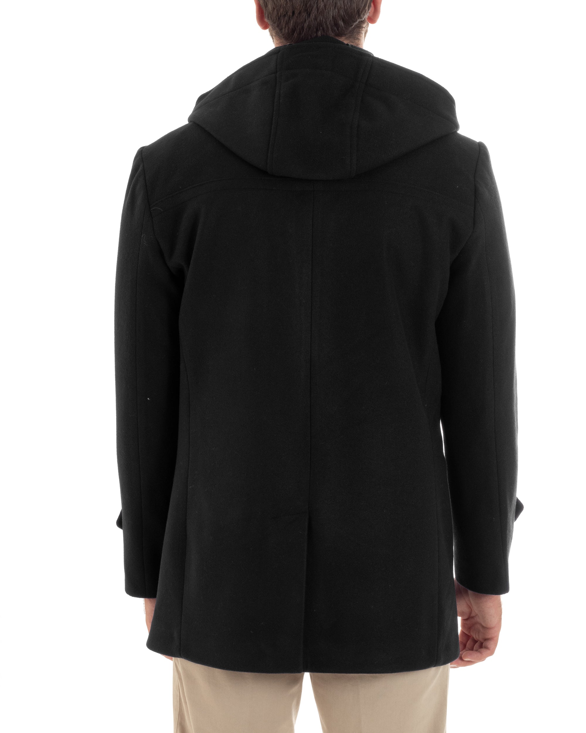 Cappotto Uomo Lana Montgomery Con Alamari E Cappuccio Nero CO1042A