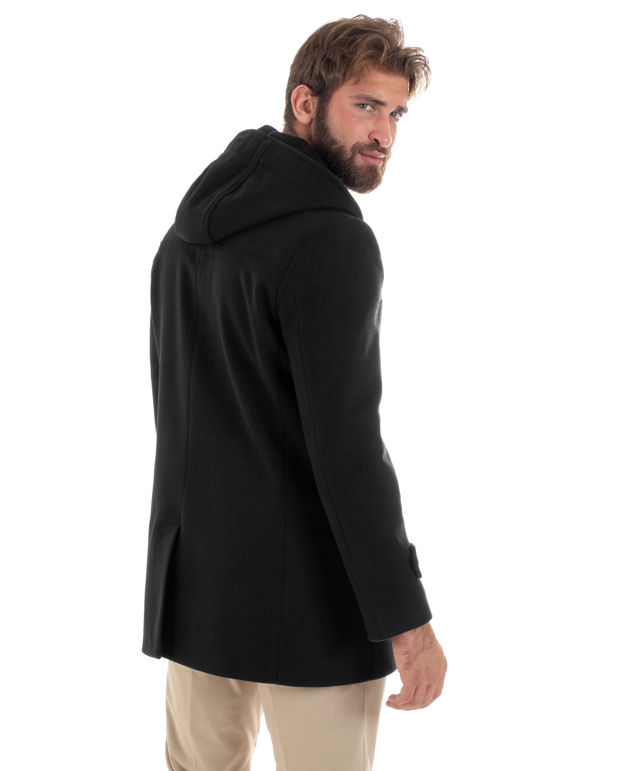 Cappotto Uomo Lana Montgomery Con Alamari E Cappuccio Nero CO1042A