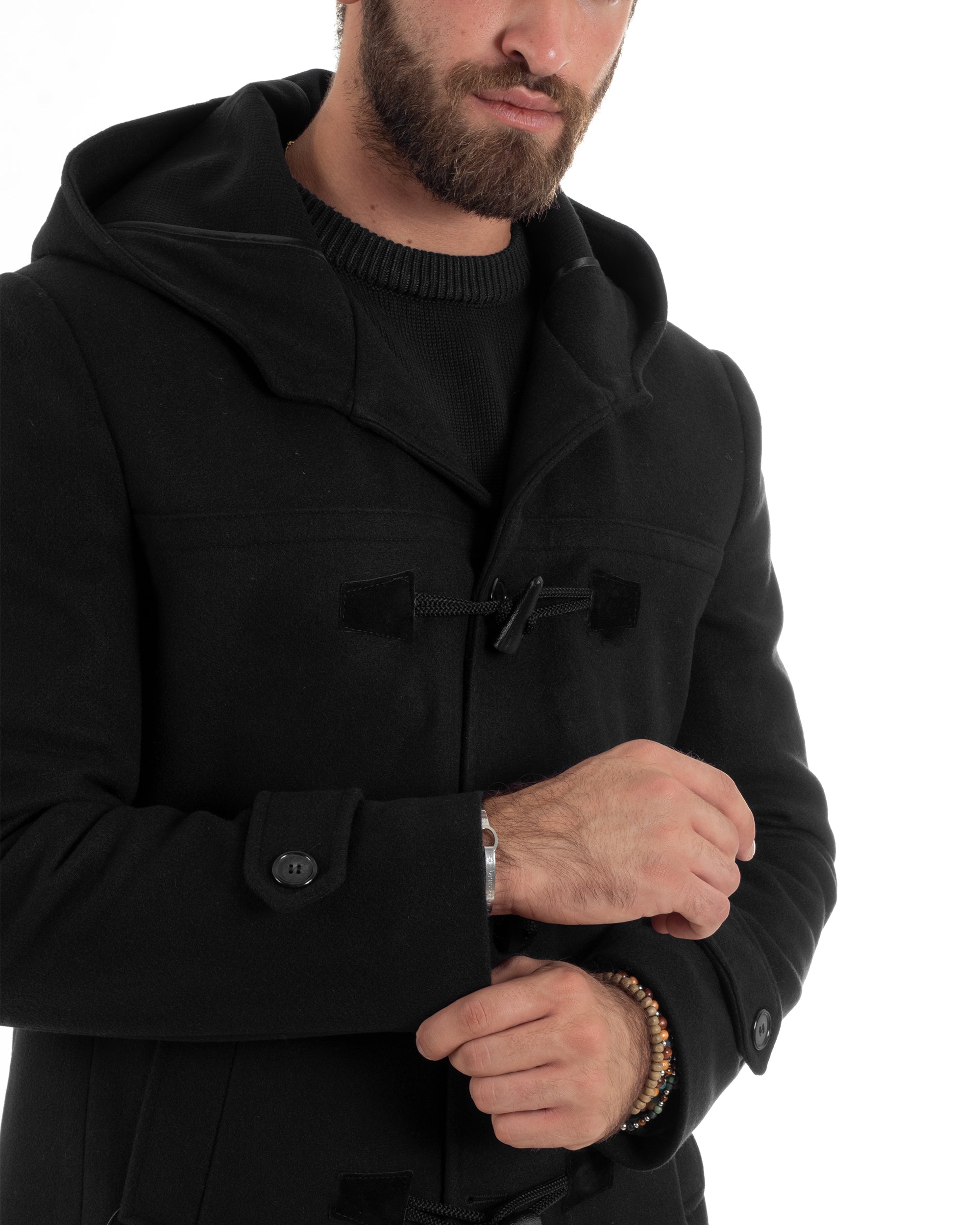 Cappotto Uomo Lana Montgomery Con Alamari E Cappuccio Nero CO1042A
