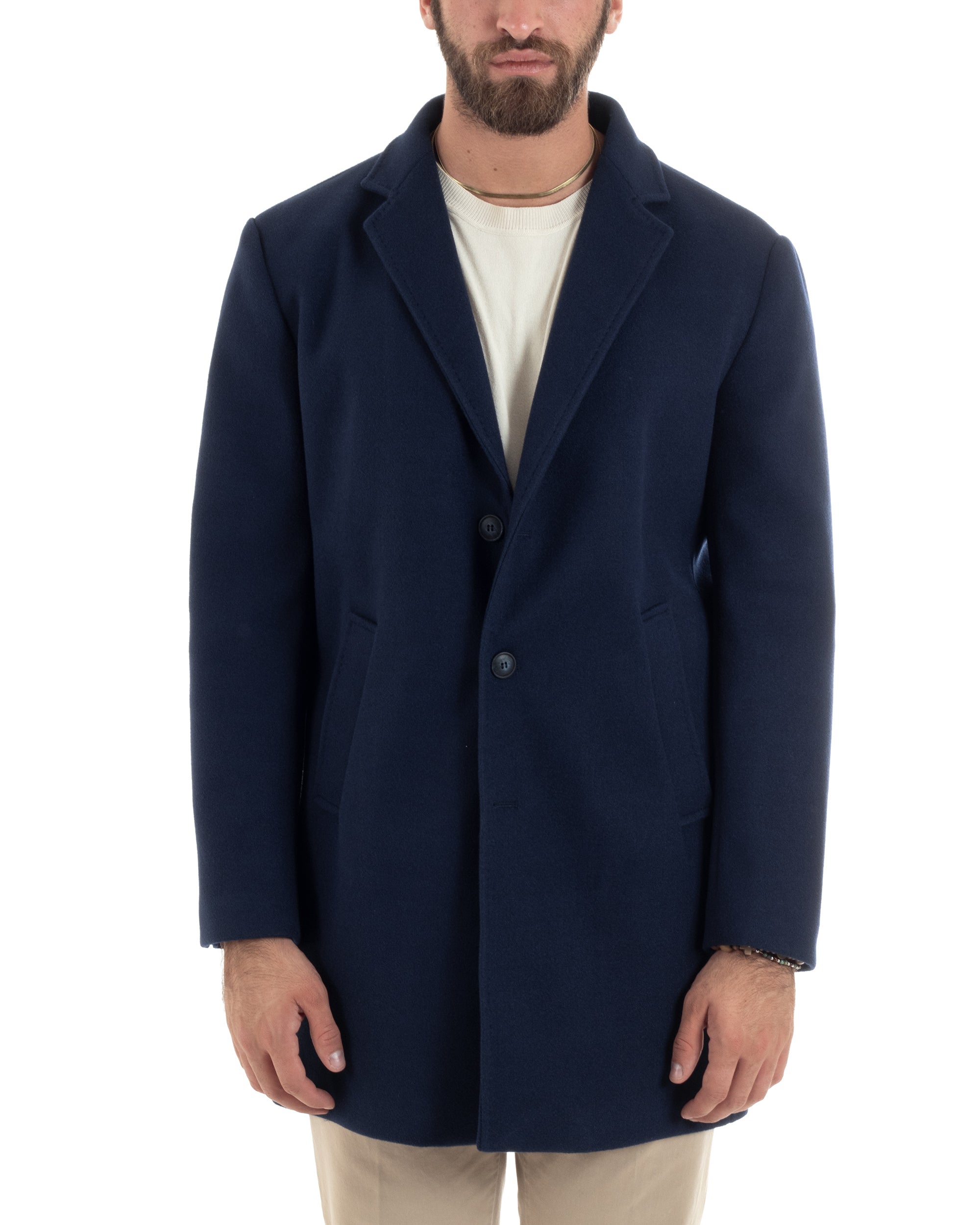 Cappotto Monopetto Uomo Sartoriale Baronetto Basic Elegante Giaccone Giacca Calda Lunga Tinta Unita Blu GIOSAL-CO1059A