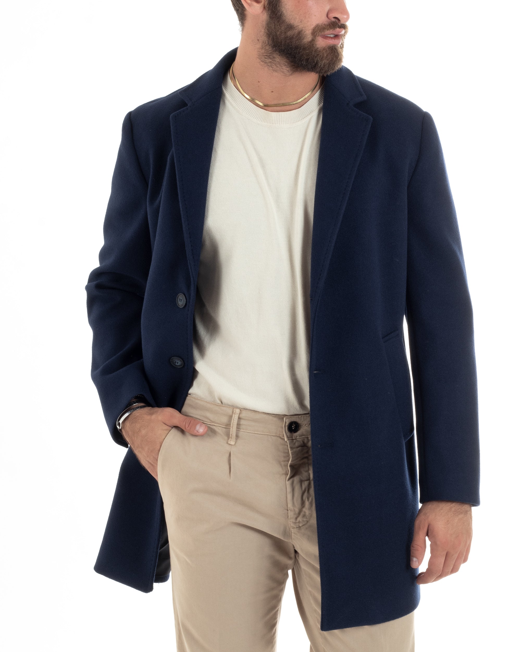 Cappotto Monopetto Uomo Sartoriale Baronetto Basic Elegante Giaccone Giacca Calda Lunga Tinta Unita Blu GIOSAL-CO1059A
