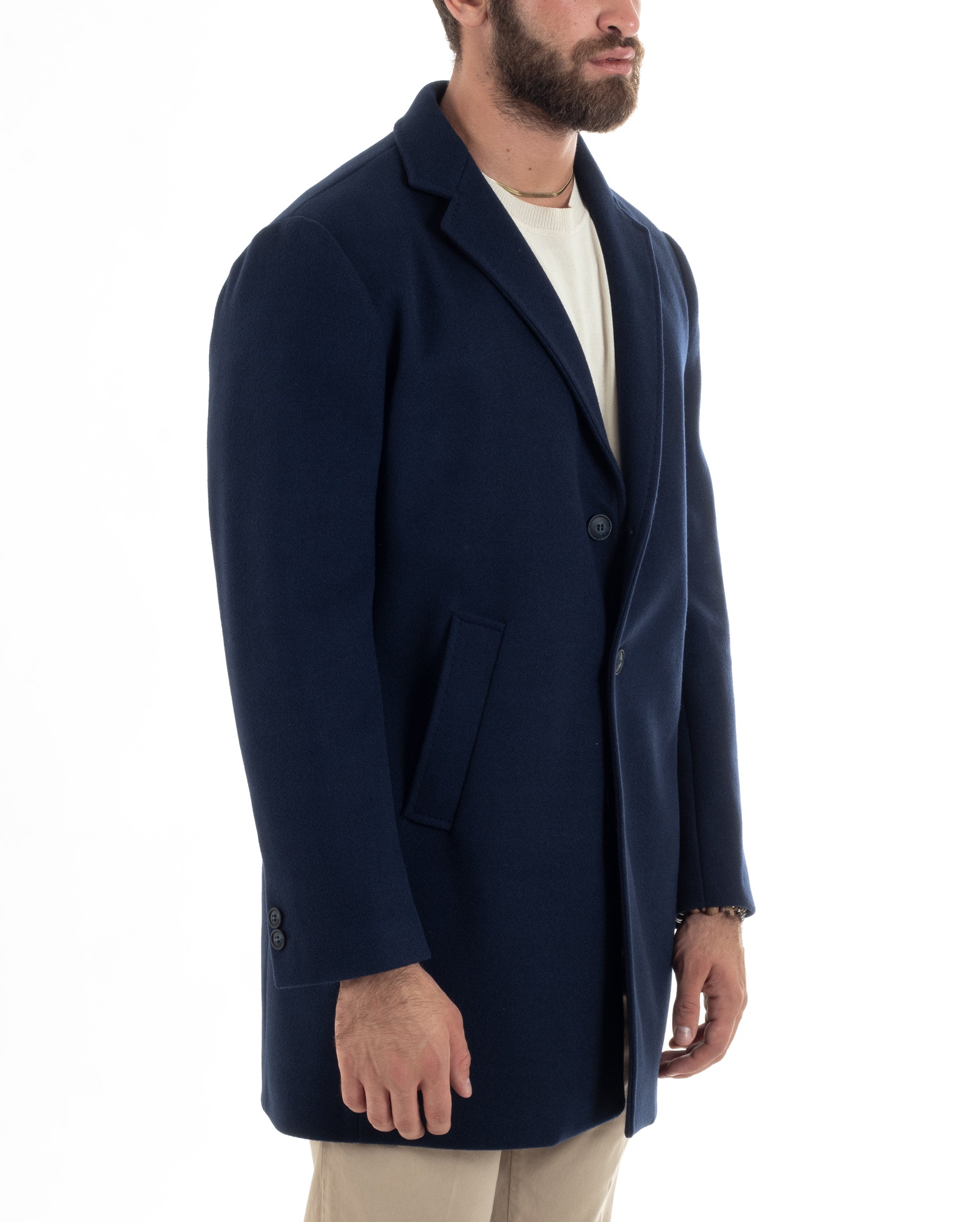 Cappotto Monopetto Uomo Sartoriale Baronetto Basic Elegante Giaccone Giacca Calda Lunga Tinta Unita Blu GIOSAL-CO1059A