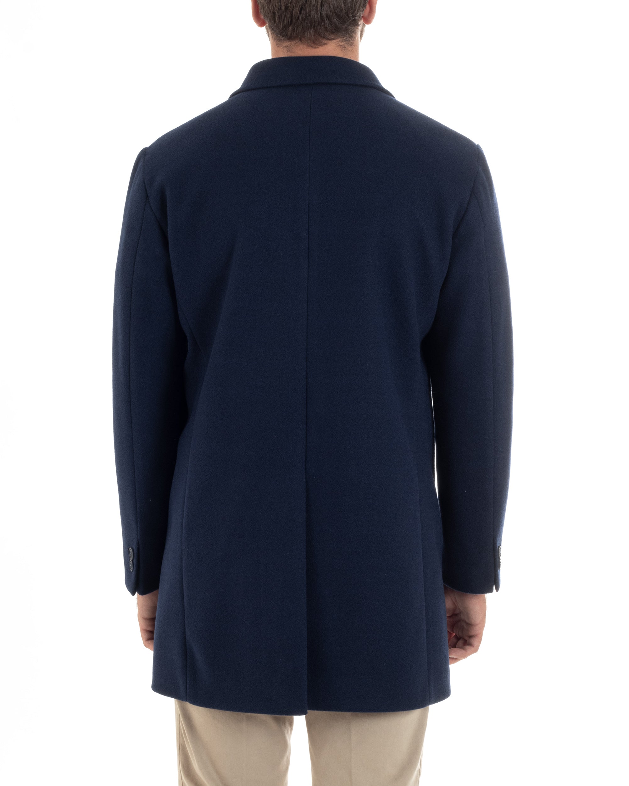 Cappotto Monopetto Uomo Sartoriale Baronetto Basic Elegante Giaccone Giacca Calda Lunga Tinta Unita Blu GIOSAL-CO1059A