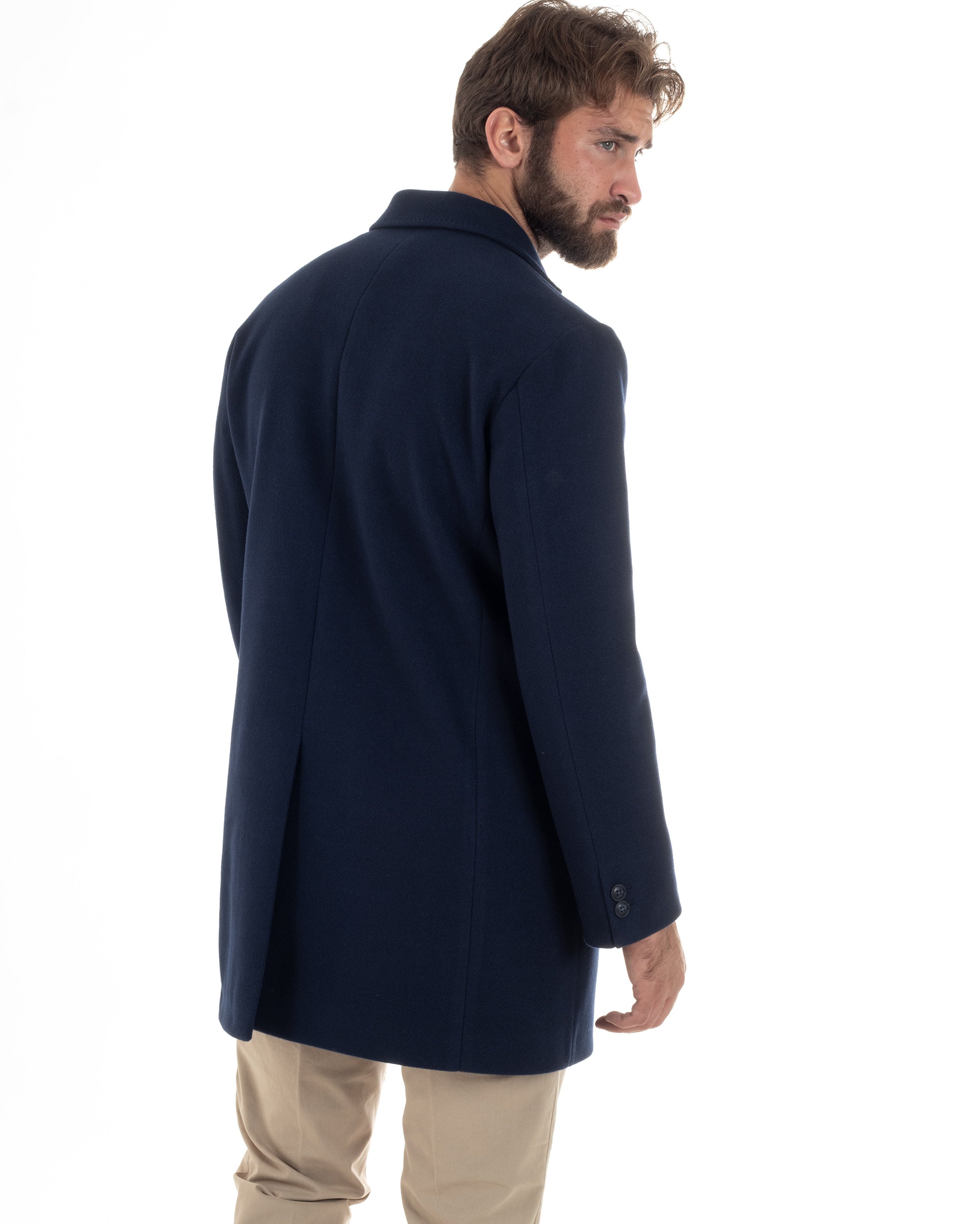 Cappotto Monopetto Uomo Sartoriale Baronetto Basic Elegante Giaccone Giacca Calda Lunga Tinta Unita Blu GIOSAL-CO1059A