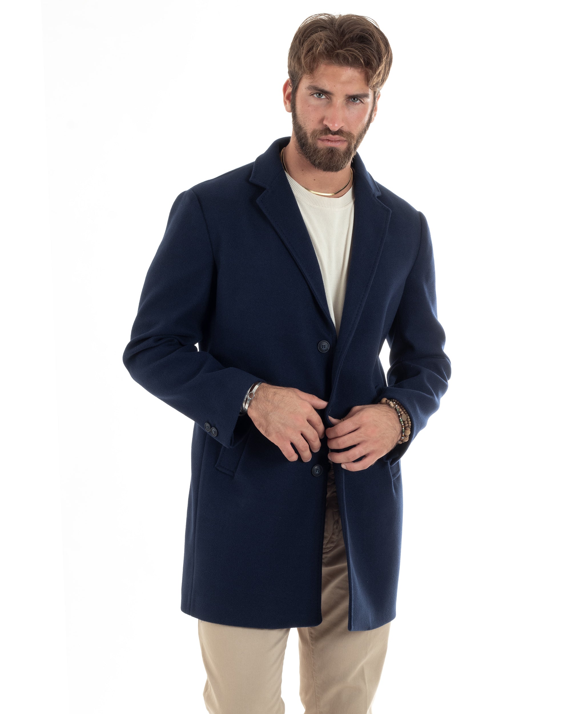 Cappotto Monopetto Uomo Sartoriale Baronetto Basic Elegante Giaccone Giacca Calda Lunga Tinta Unita Blu GIOSAL-CO1059A