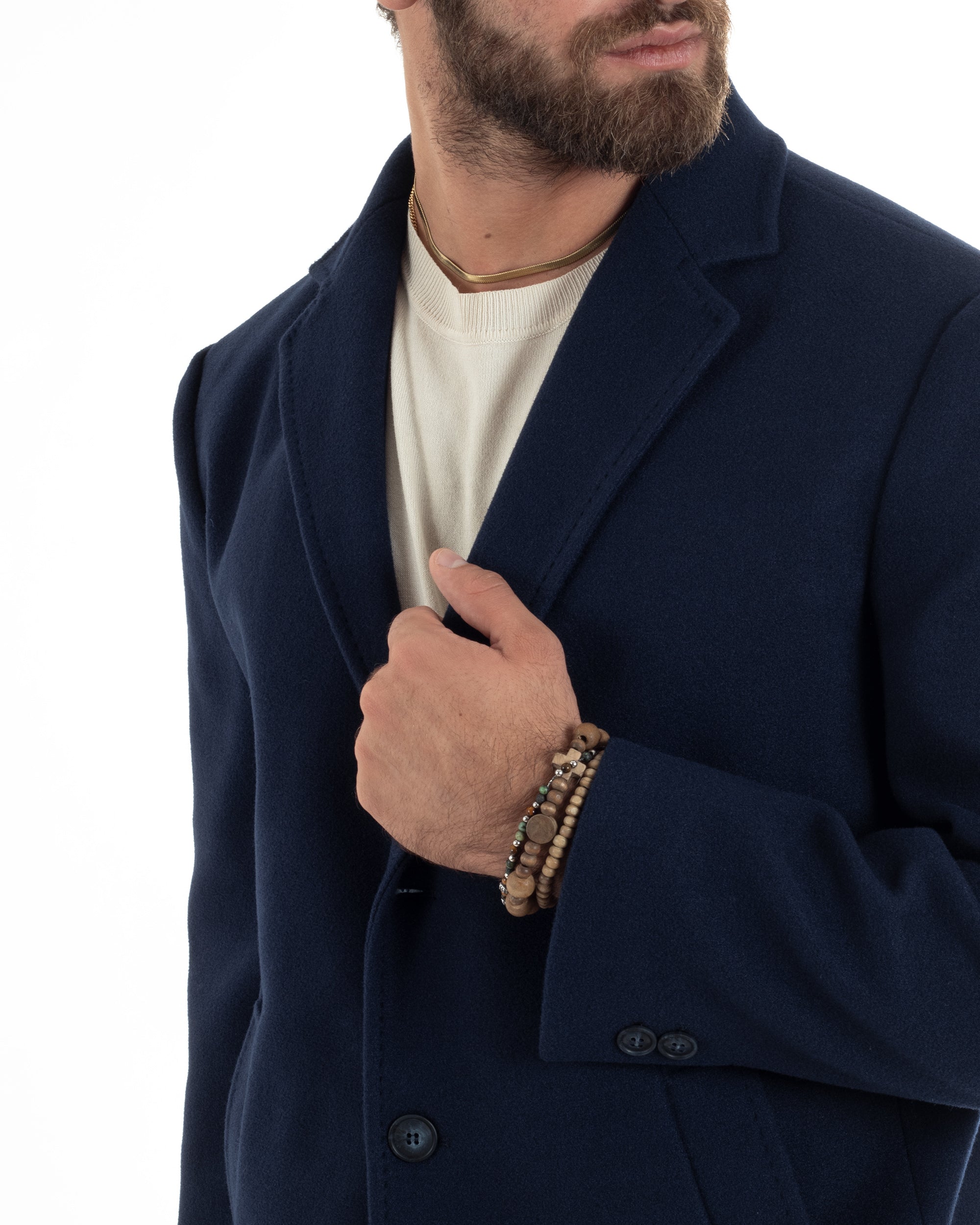 Cappotto Monopetto Uomo Sartoriale Baronetto Basic Elegante Giaccone Giacca Calda Lunga Tinta Unita Blu GIOSAL-CO1059A