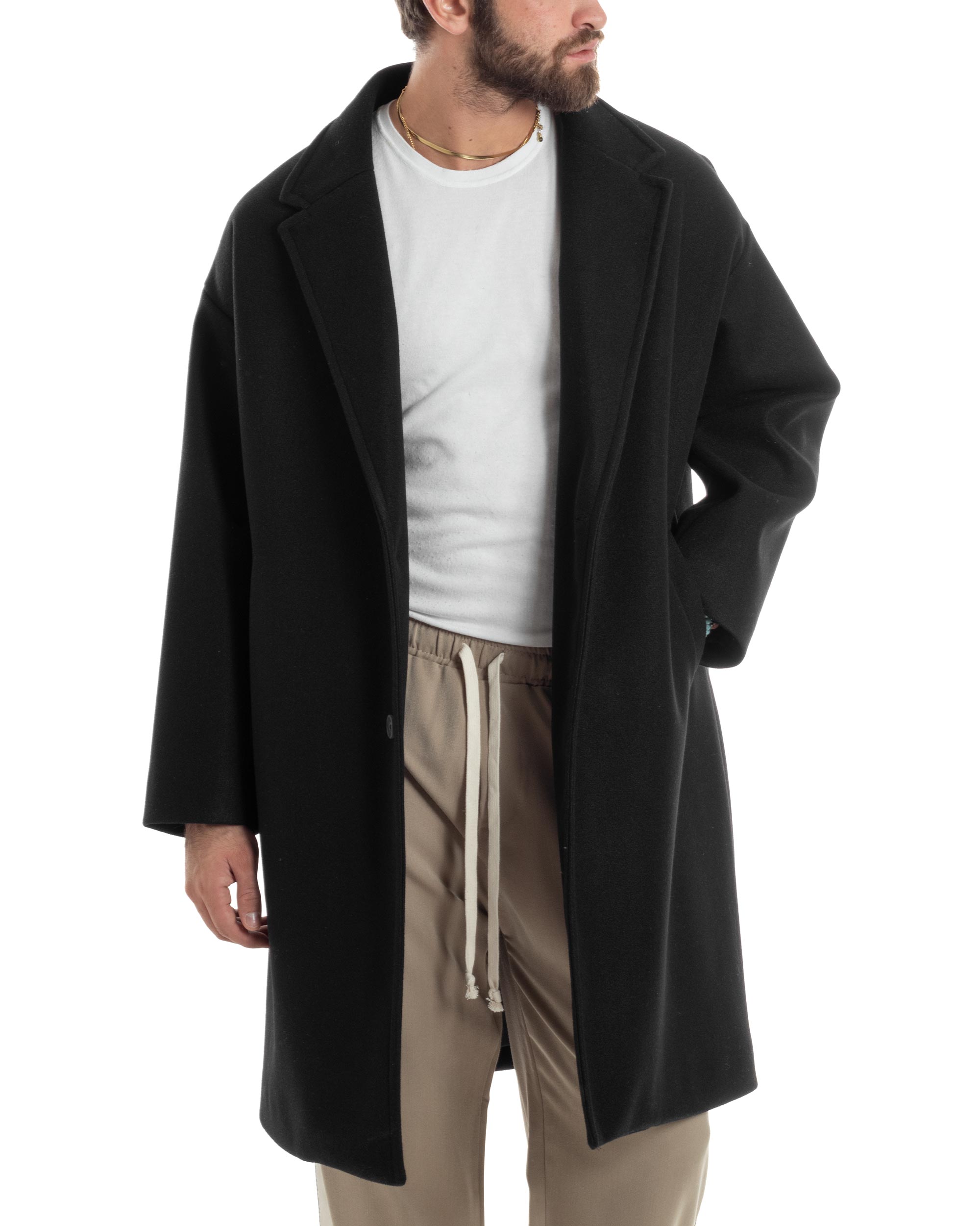 Cappotto Uomo Oversize Monopetto Maniche Raglan Collo Rever Nero CO1064A