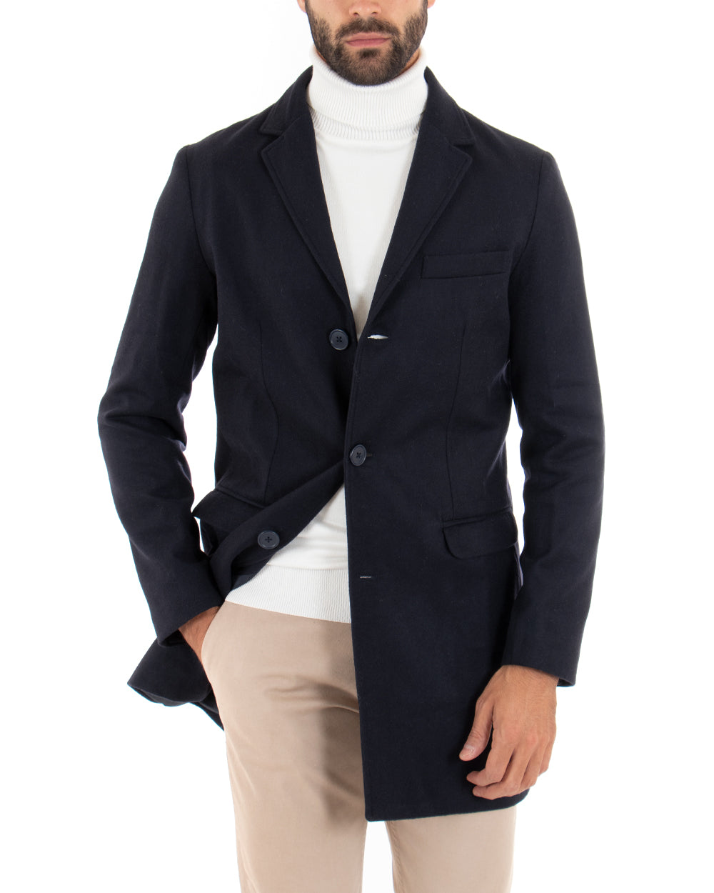 Cappotto Monopetto Uomo Giacca Colletto Rever Giaccone Tinta Unita Blu Baronetto Elegante GIOSAL-CO1069A
