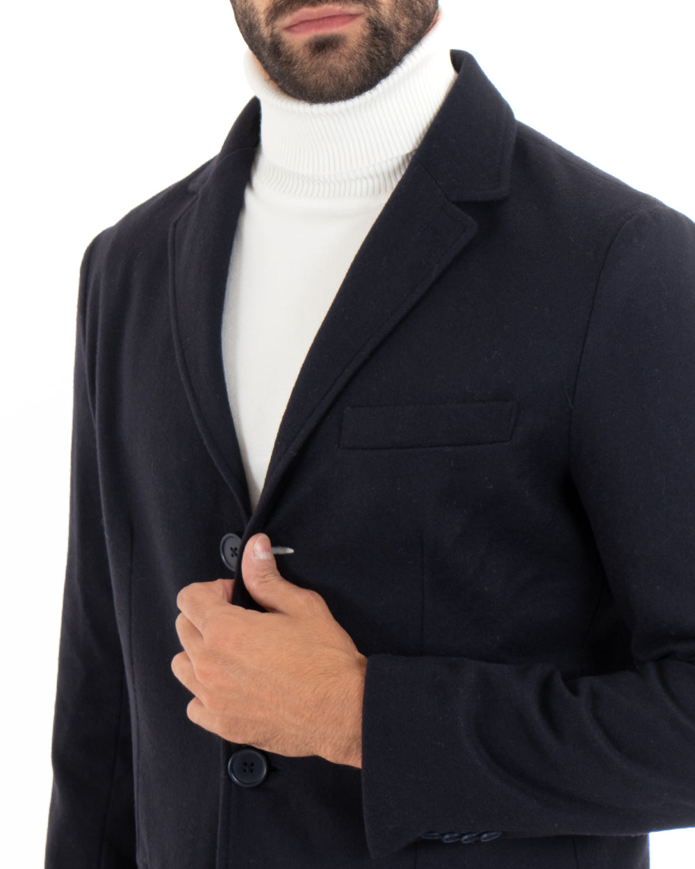 Cappotto Monopetto Uomo Giacca Colletto Rever Giaccone Tinta Unita Blu Baronetto Elegante GIOSAL-CO1069A