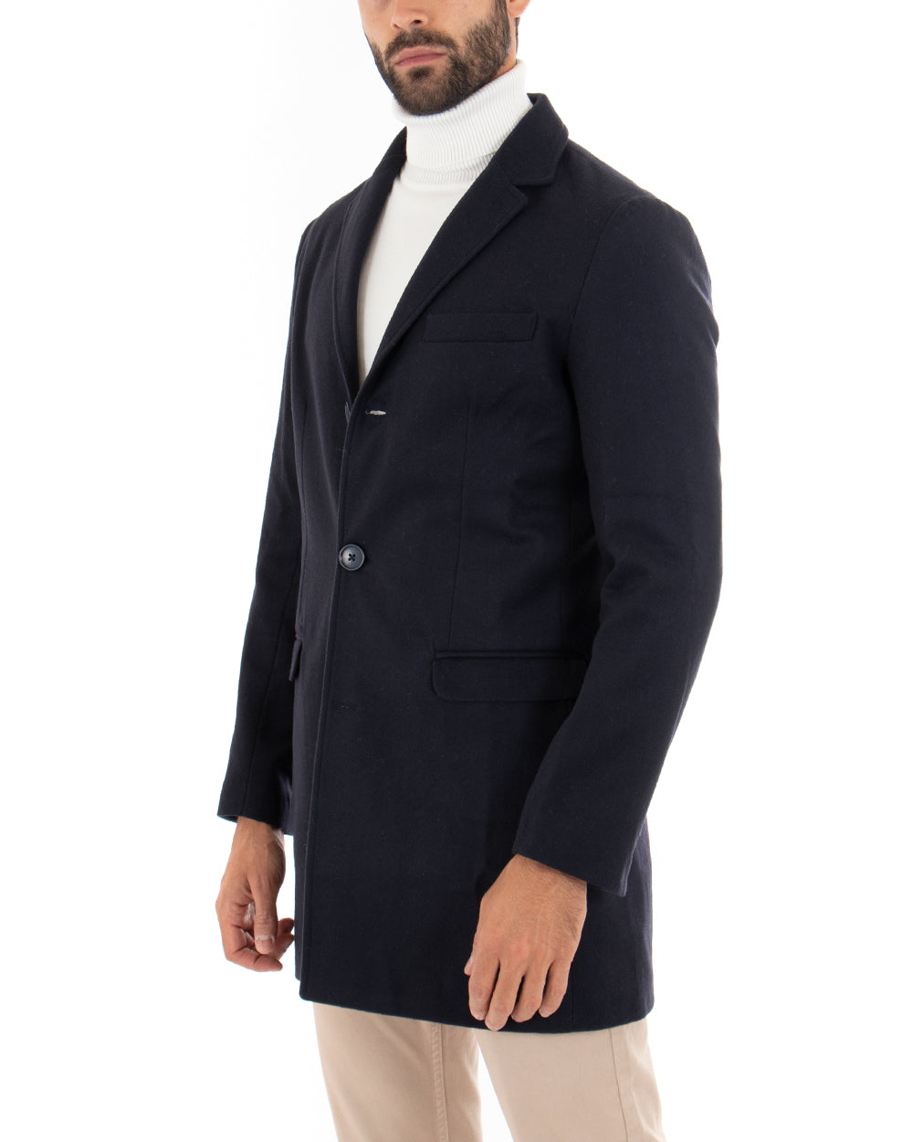 Cappotto Monopetto Uomo Giacca Colletto Rever Giaccone Tinta Unita Blu Baronetto Elegante GIOSAL-CO1069A