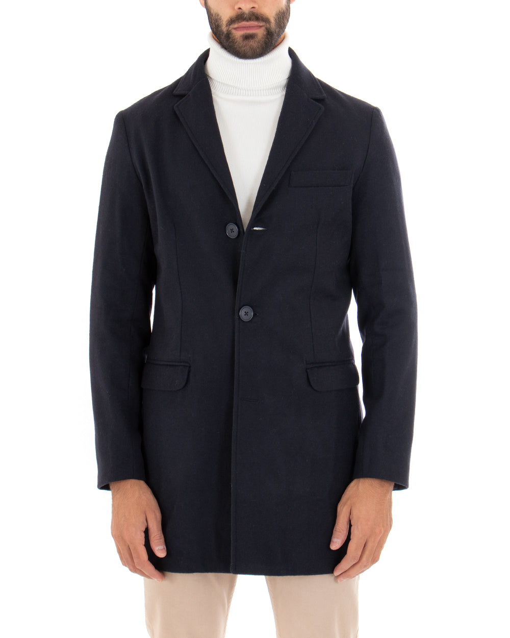 Cappotto Monopetto Uomo Giacca Colletto Rever Giaccone Tinta Unita Blu Baronetto Elegante GIOSAL-CO1069A