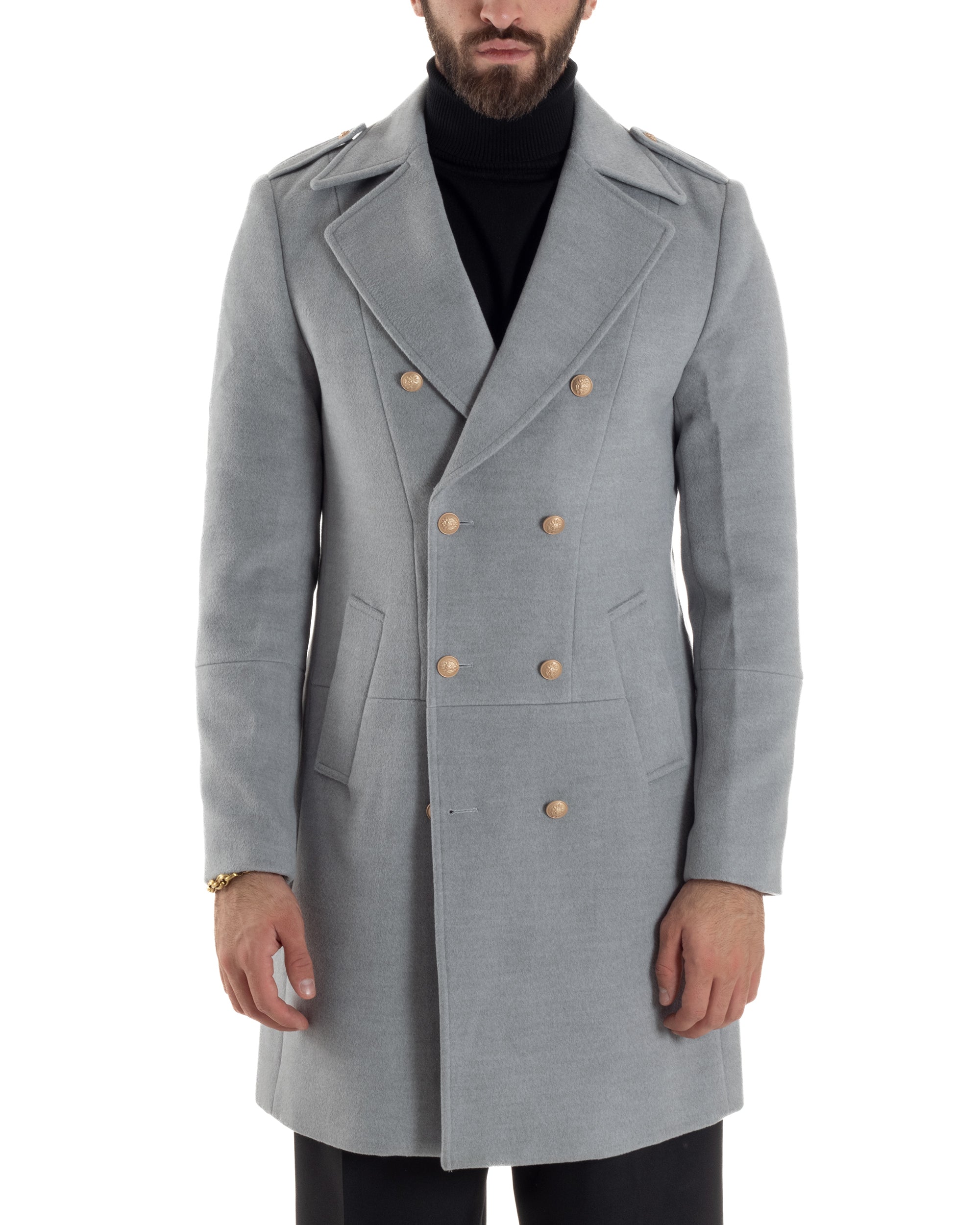 Cappotto Uomo Doppiopetto Lungo Revers A Lancia Tessuto Panno Bottoni Oro Grigio CO1078A