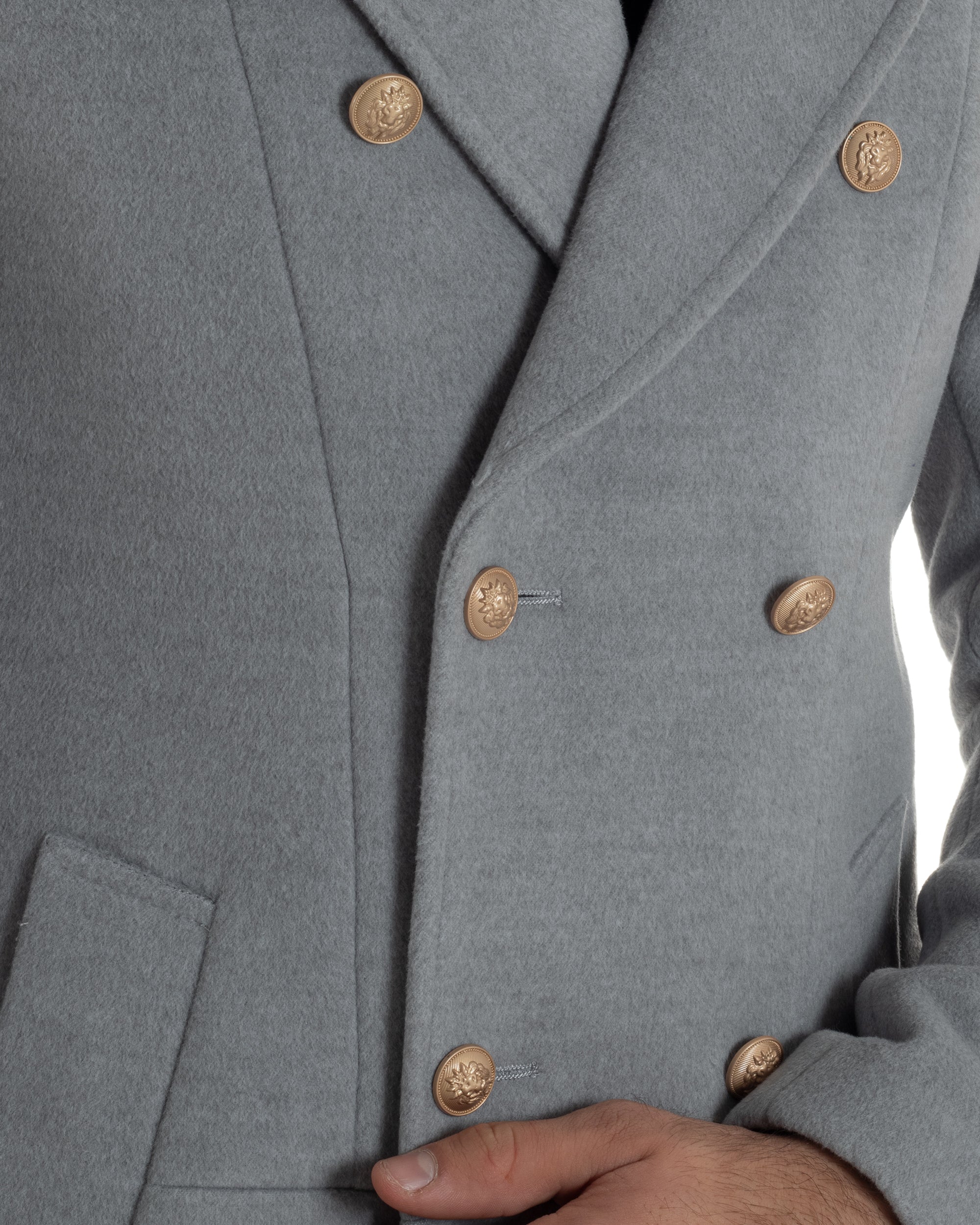 Cappotto Uomo Doppiopetto Lungo Revers A Lancia Tessuto Panno Bottoni Oro Grigio CO1078A