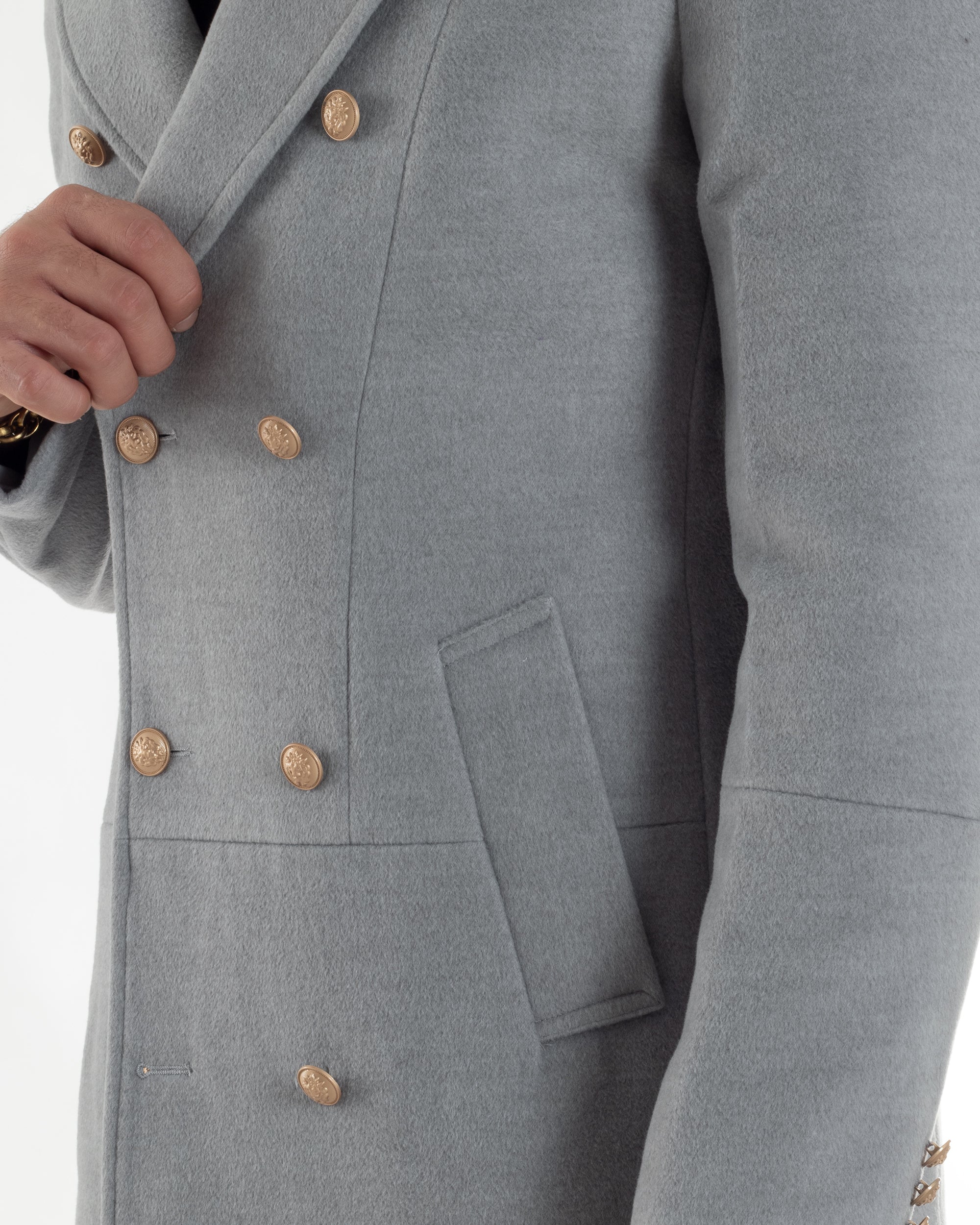 Cappotto Uomo Doppiopetto Lungo Revers A Lancia Tessuto Panno Bottoni Oro Grigio CO1078A