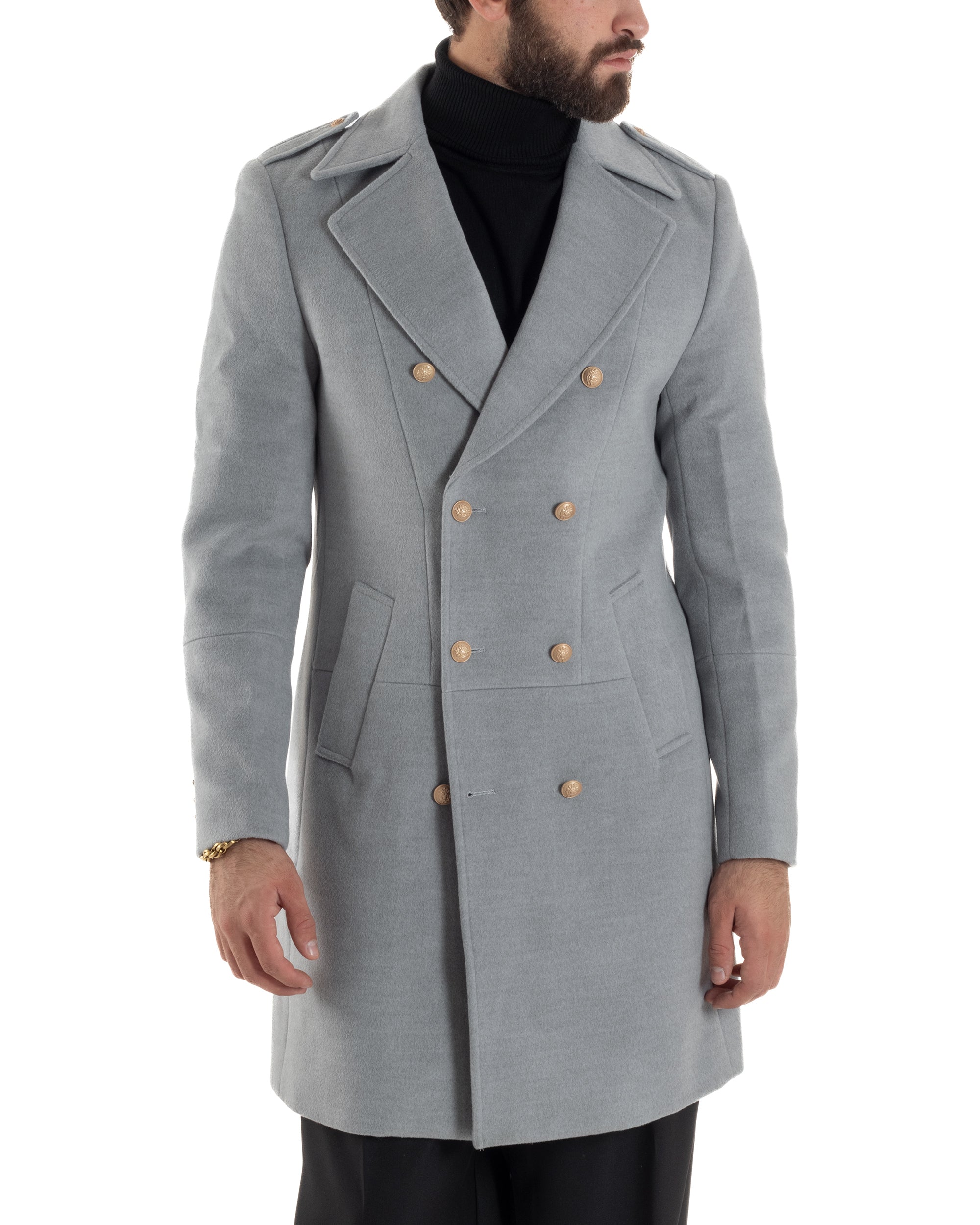 Cappotto Uomo Doppiopetto Lungo Revers A Lancia Tessuto Panno Bottoni Oro Grigio CO1078A