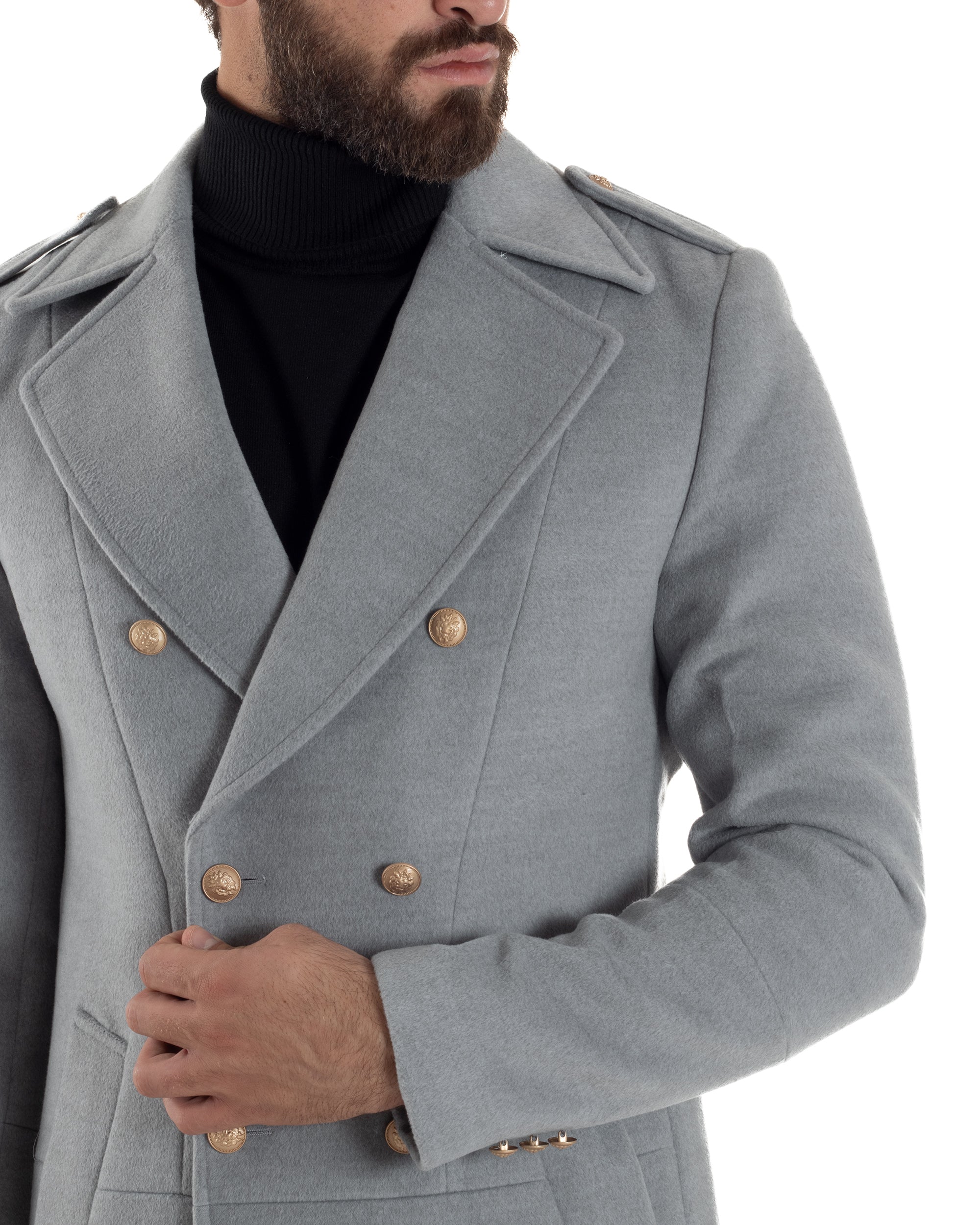 Cappotto Uomo Doppiopetto Lungo Revers A Lancia Tessuto Panno Bottoni Oro Grigio CO1078A