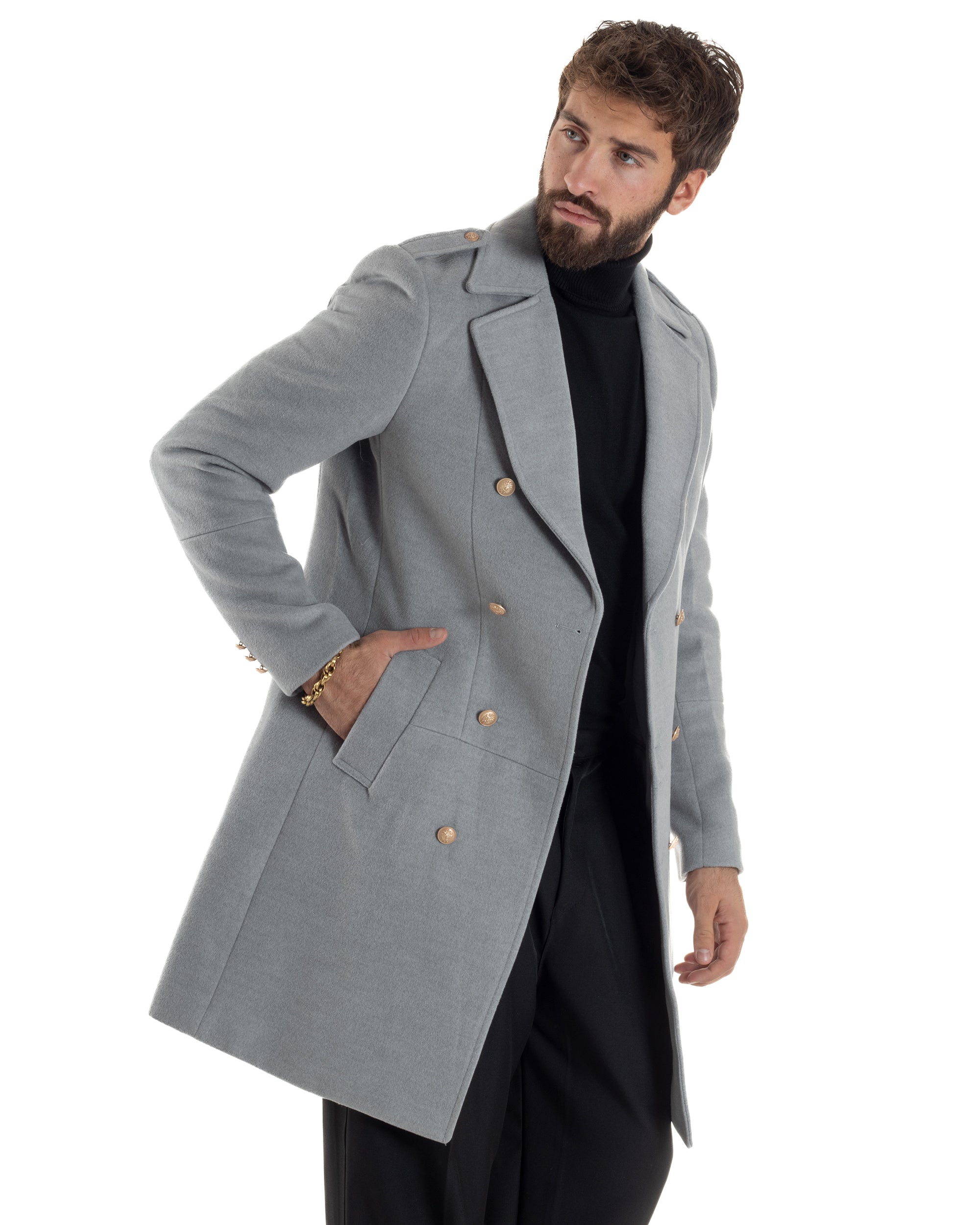 Cappotto Uomo Doppiopetto Lungo Revers A Lancia Tessuto Panno Bottoni Oro Grigio CO1078A