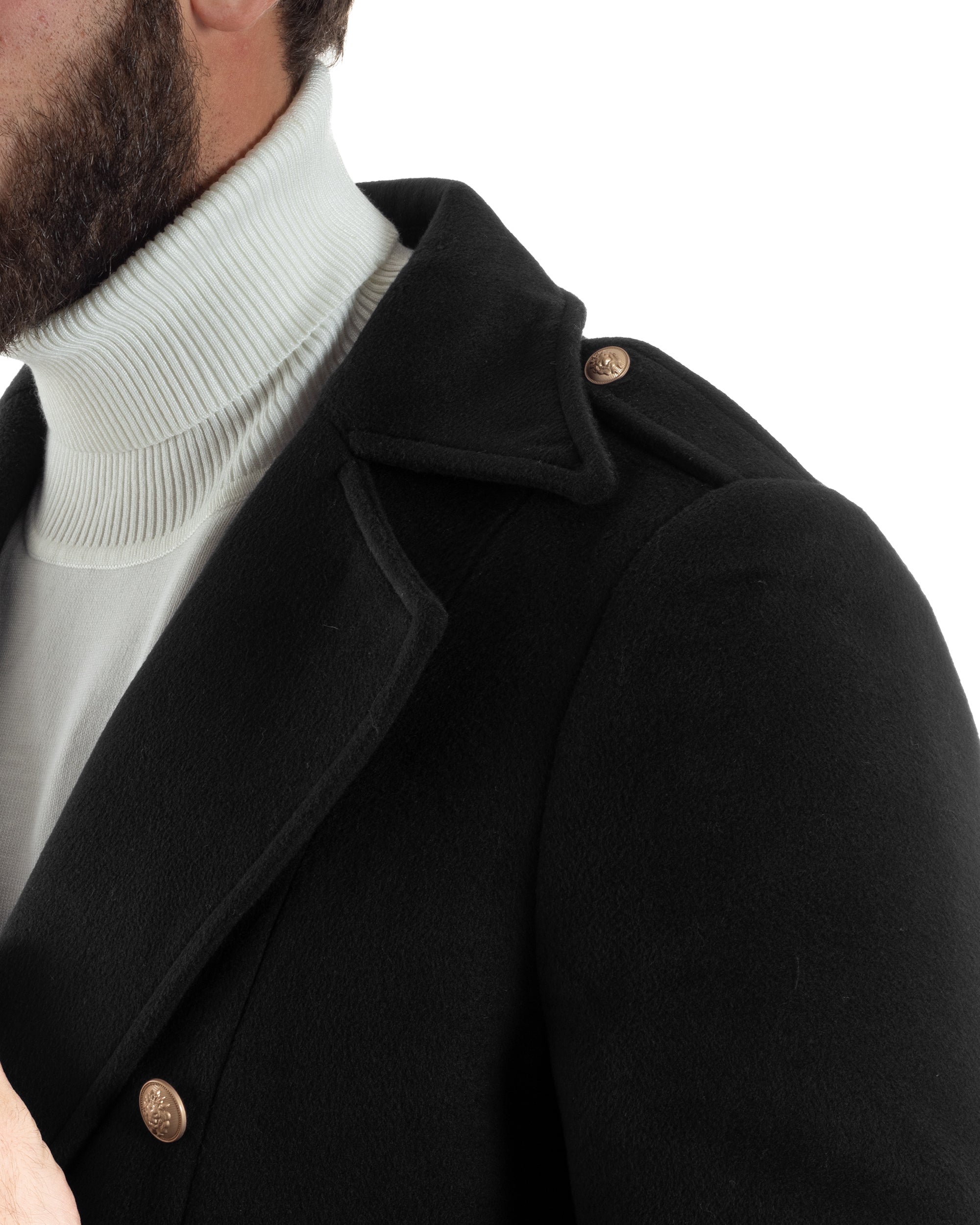 Cappotto Uomo Doppiopetto Lungo Revers A Lancia Tessuto Panno Bottoni Oro Nero CO1079A