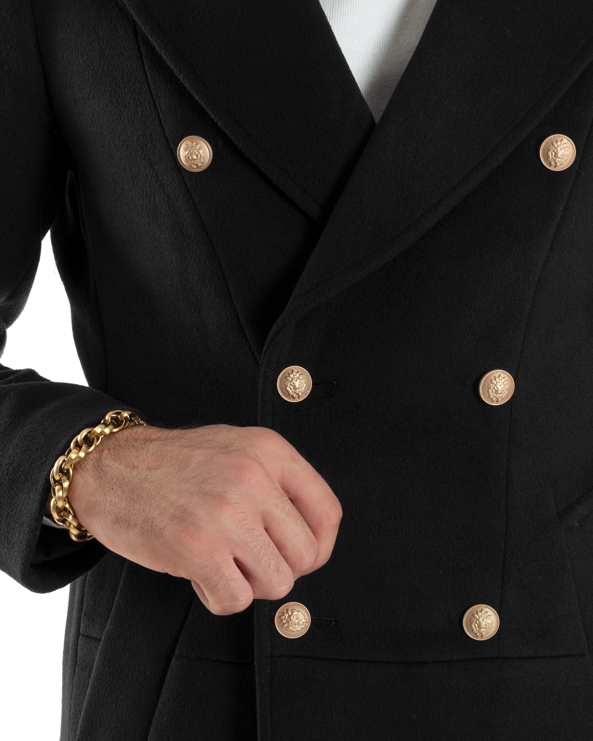 Cappotto Uomo Doppiopetto Lungo Revers A Lancia Tessuto Panno Bottoni Oro Nero CO1079A