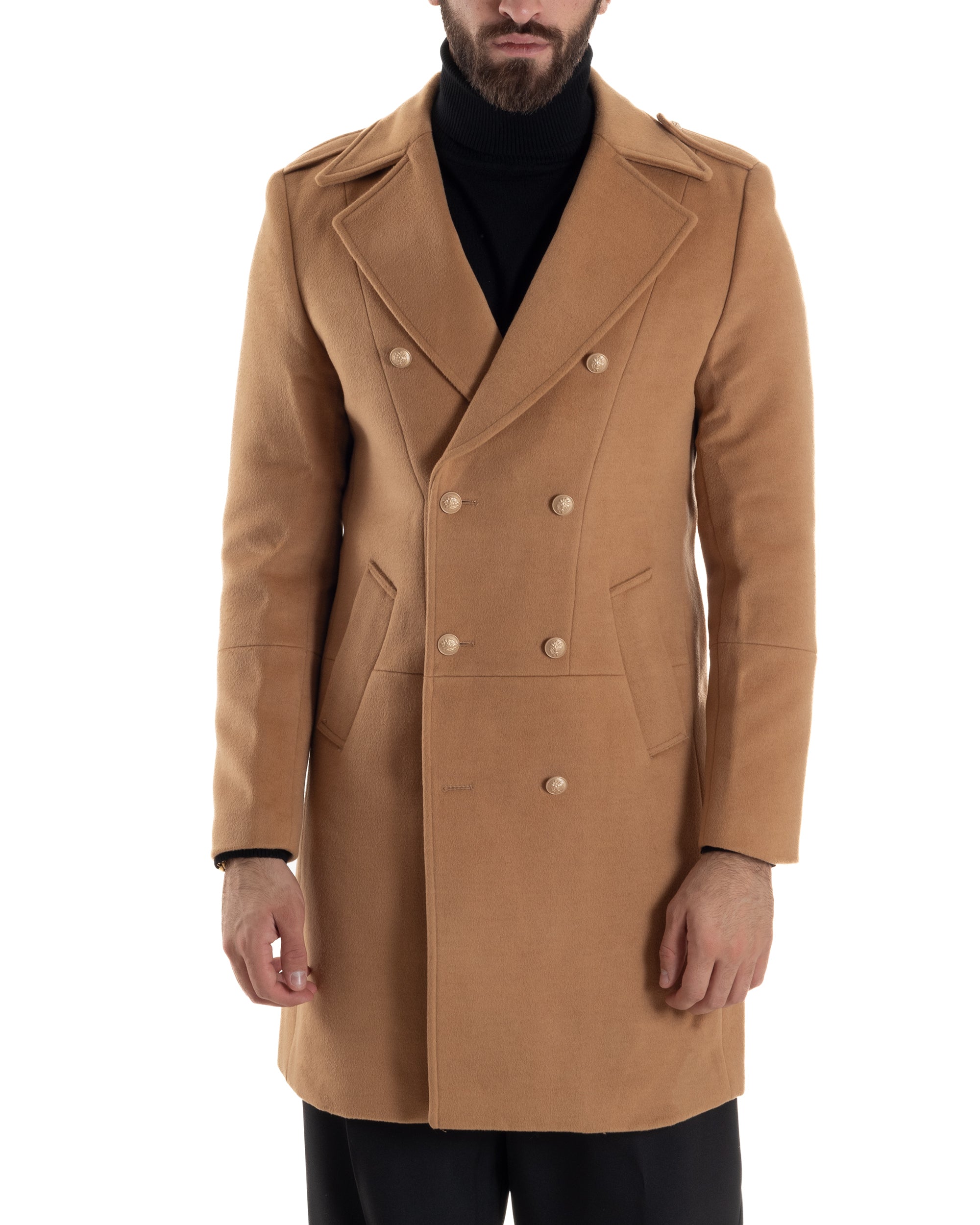 Cappotto Uomo Doppiopetto Lungo Revers A Lancia Tessuto Panno Bottoni Oro Camel CO1080A